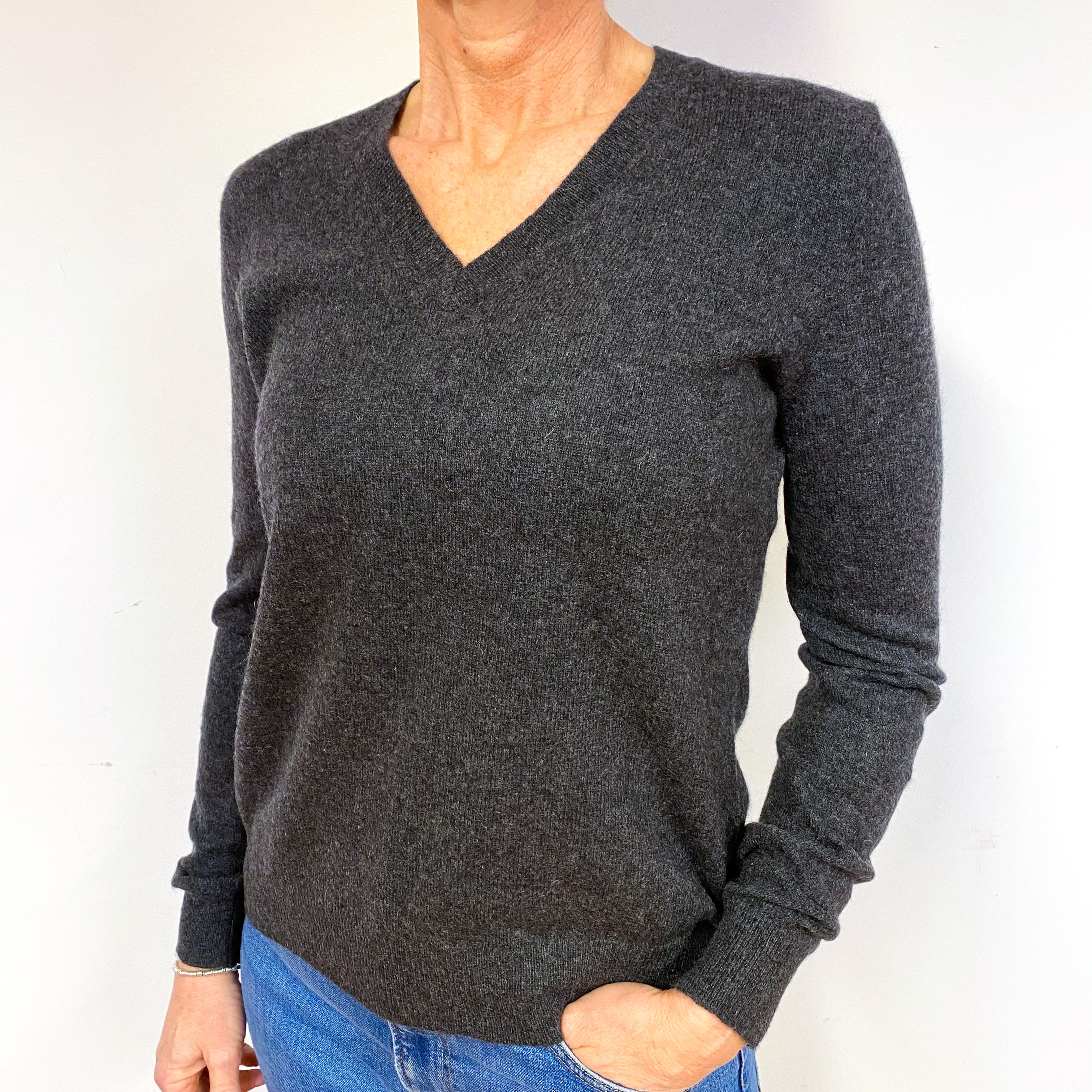 Charcoal Grey Cashmere V-Neck Jumper Medium