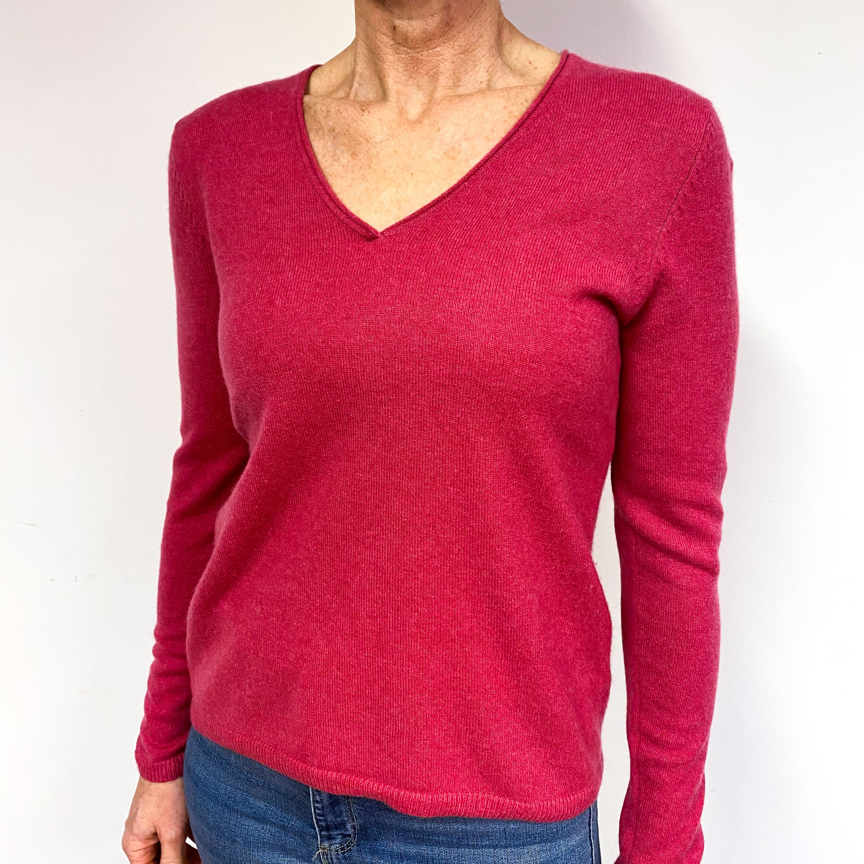 Raspberry Pink Cashmere V-Neck Jumper Medium