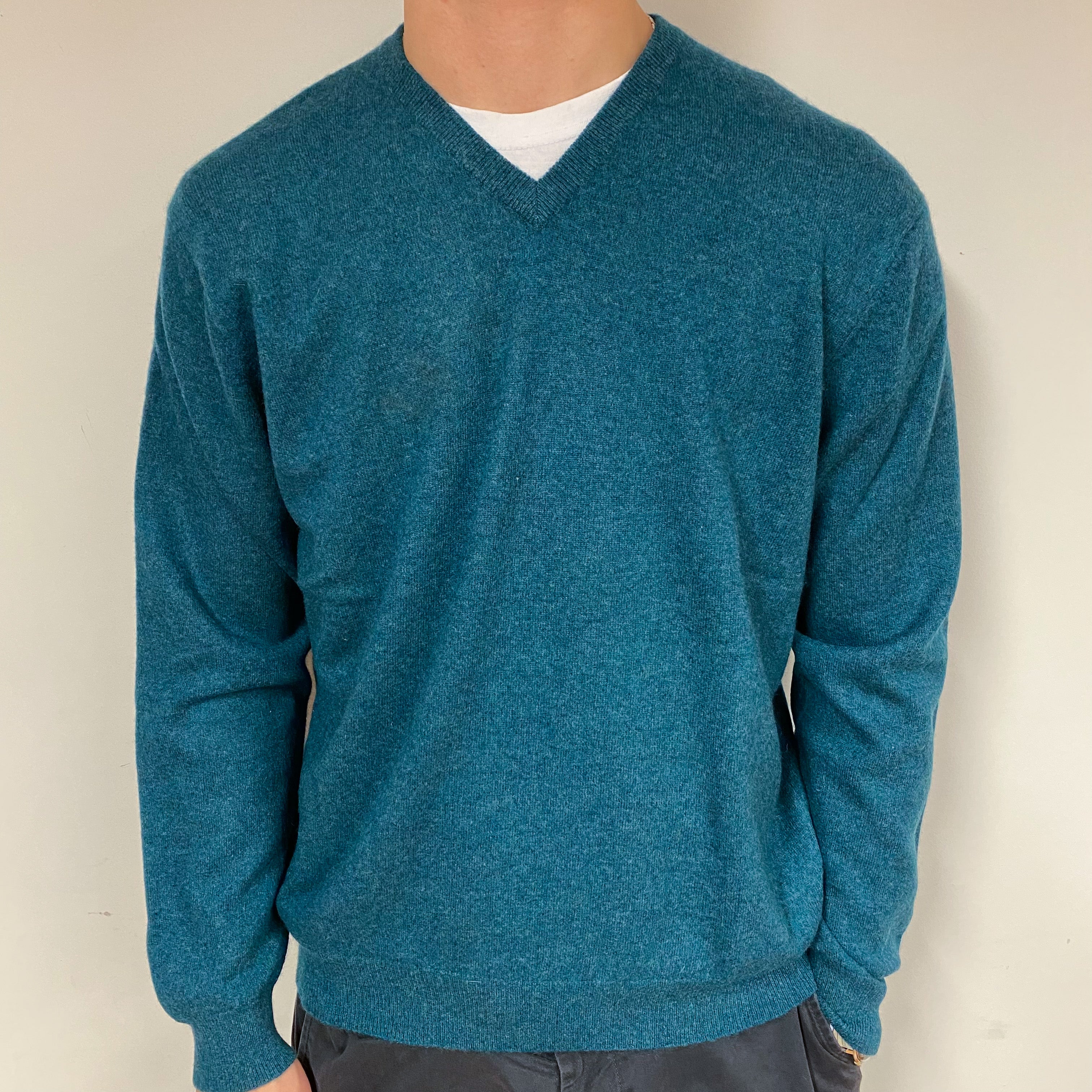 Men's Ocean Green Cashmere V-Neck Jumper Large