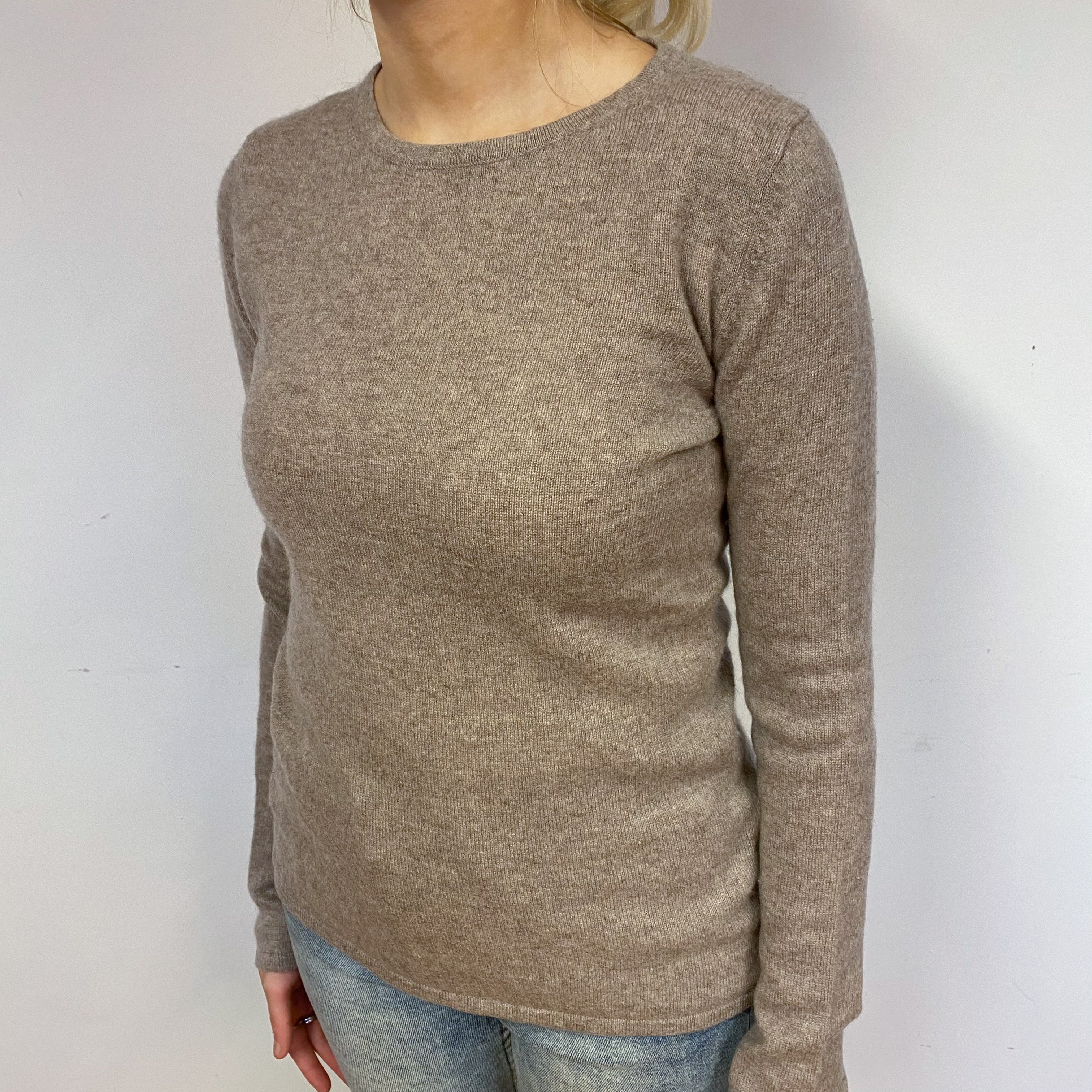 Taupe Brown Cashmere Crew Neck Jumper Small