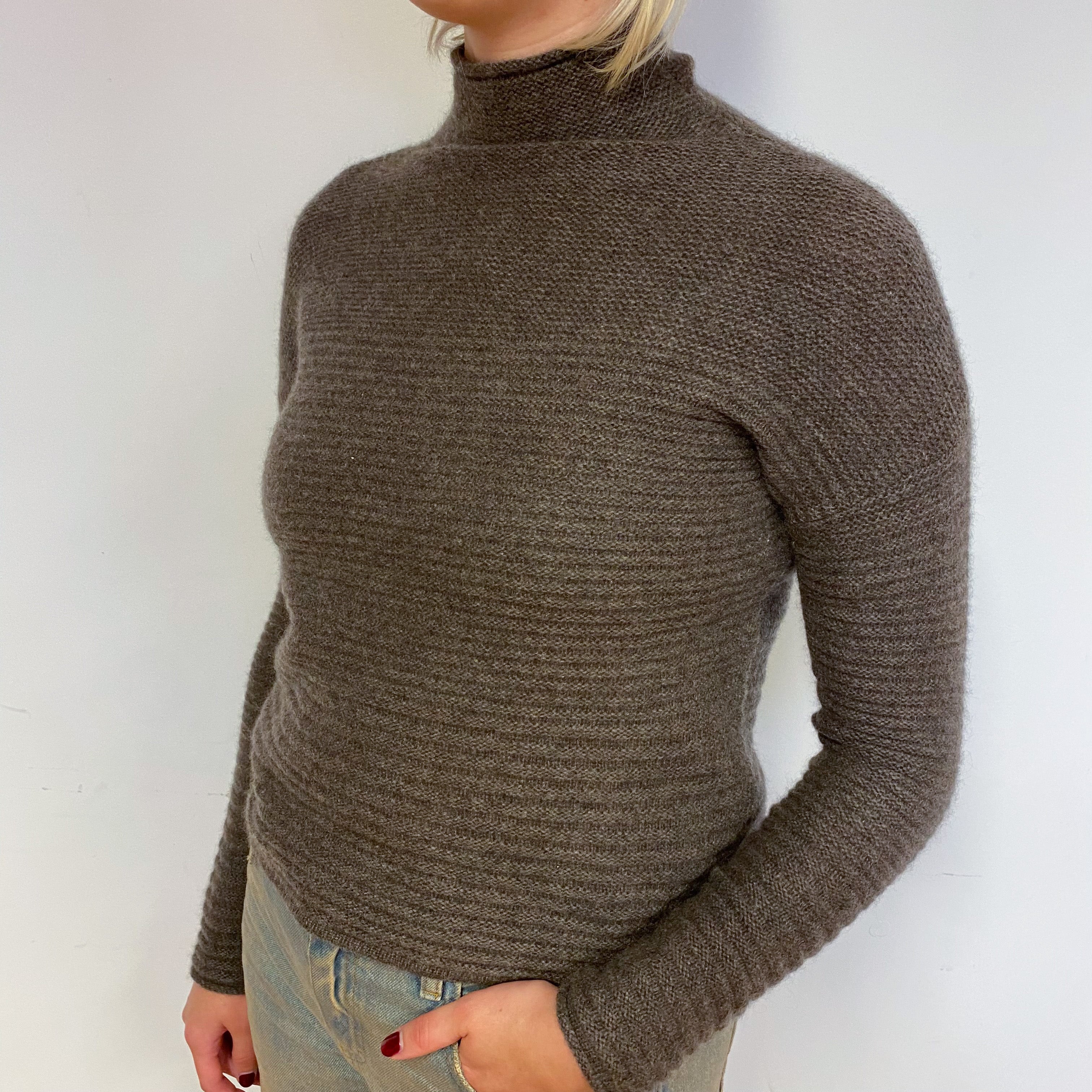 Muted Brown Ribbed Cashmere Turtle Neck Jumper Small