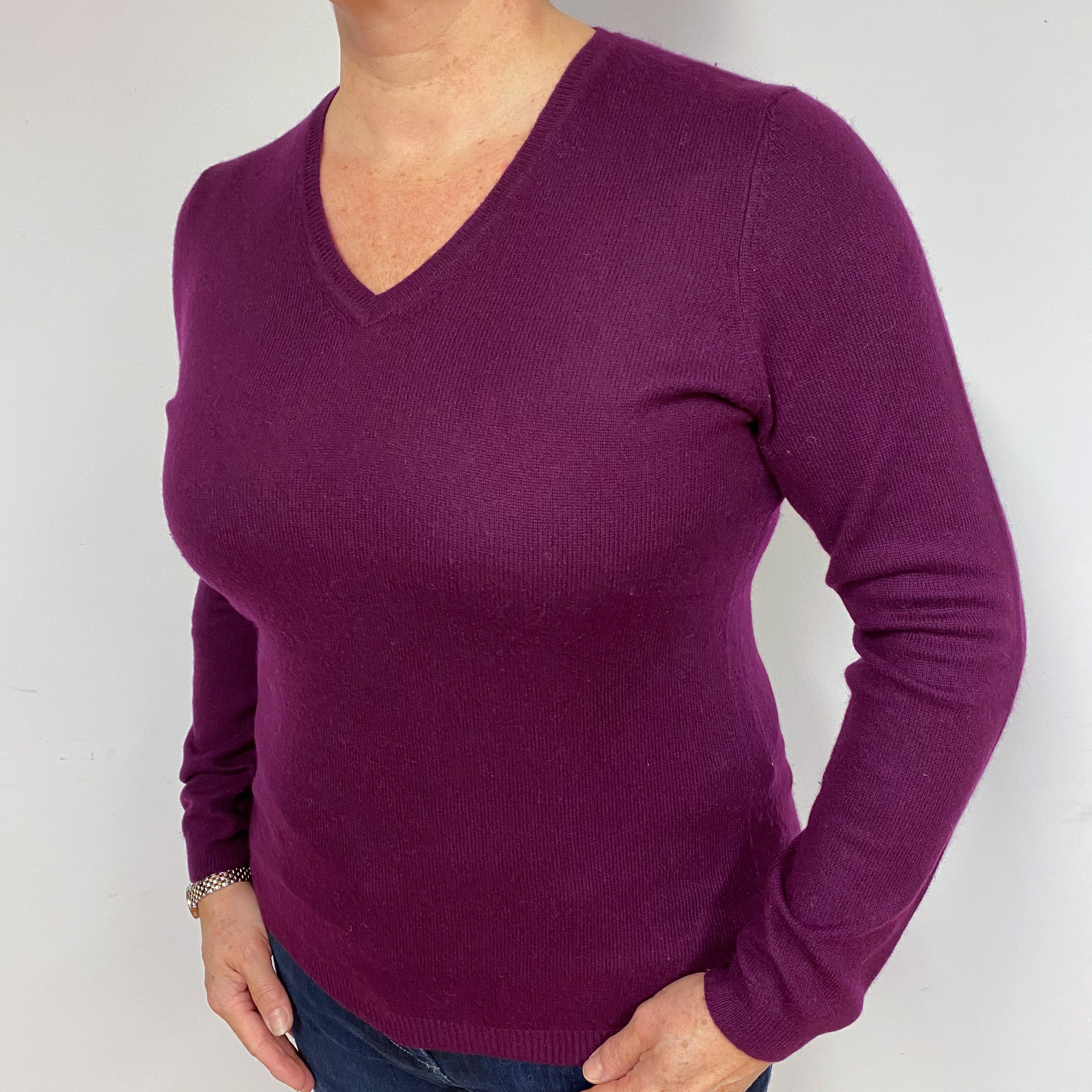 Aubergine Purple Cashmere V-Neck Jumper Large