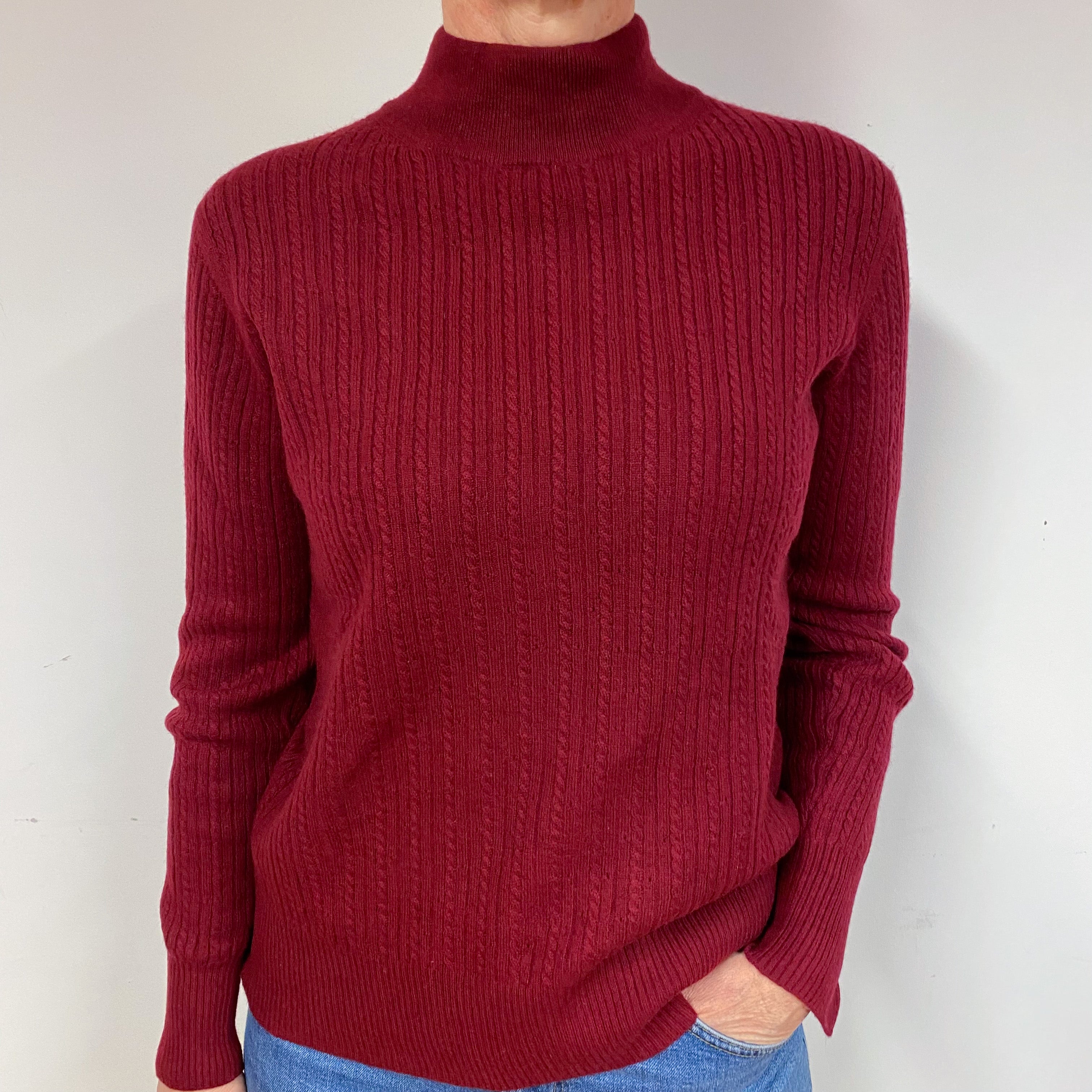 Crimson Red Ribbed Cashmere Turtle Neck Jumper Medium