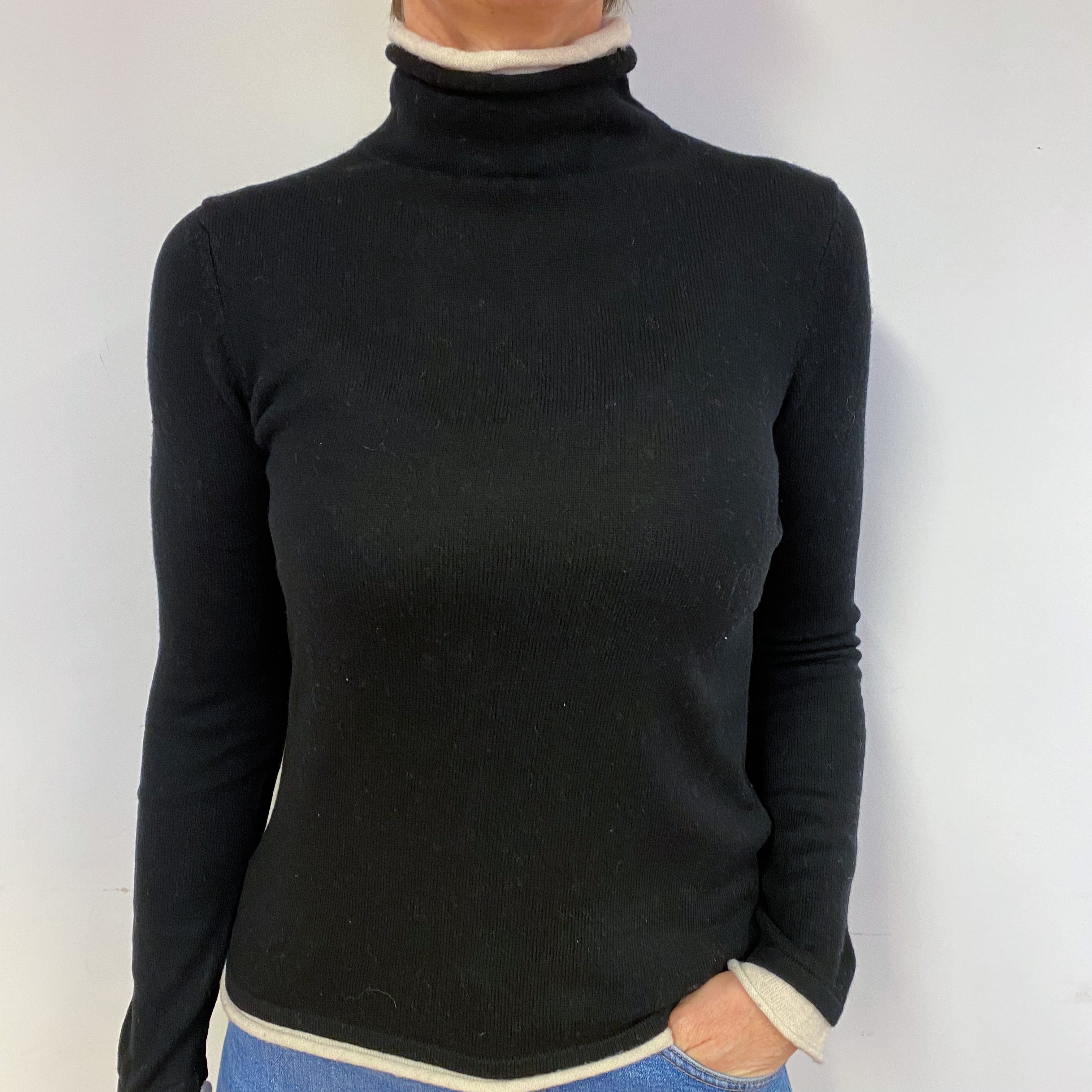 Black Ivory Trim Cashmere Turtle Neck Jumper Medium