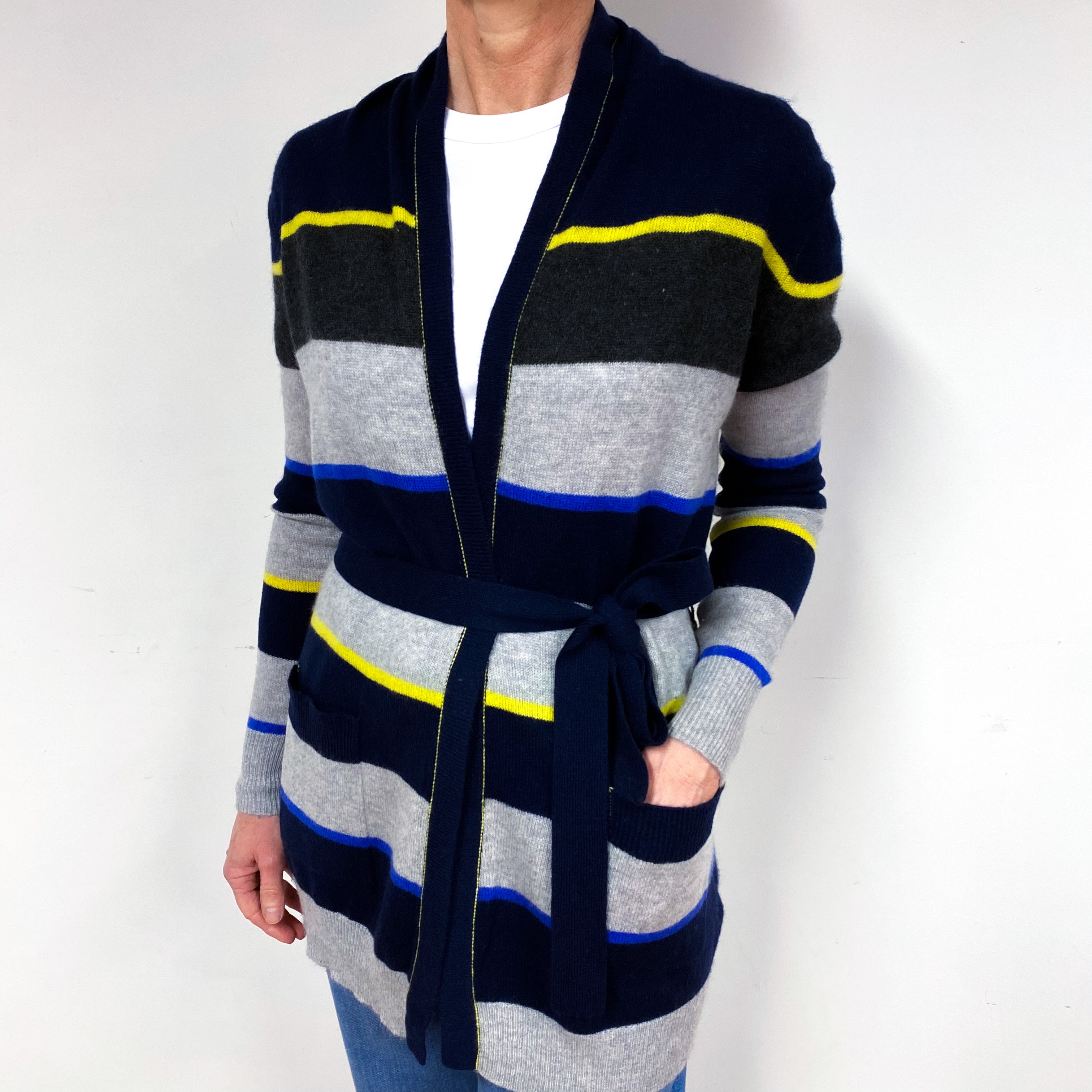 Navy Grey Striped Cashmere Belt Tie Cardigan Medium