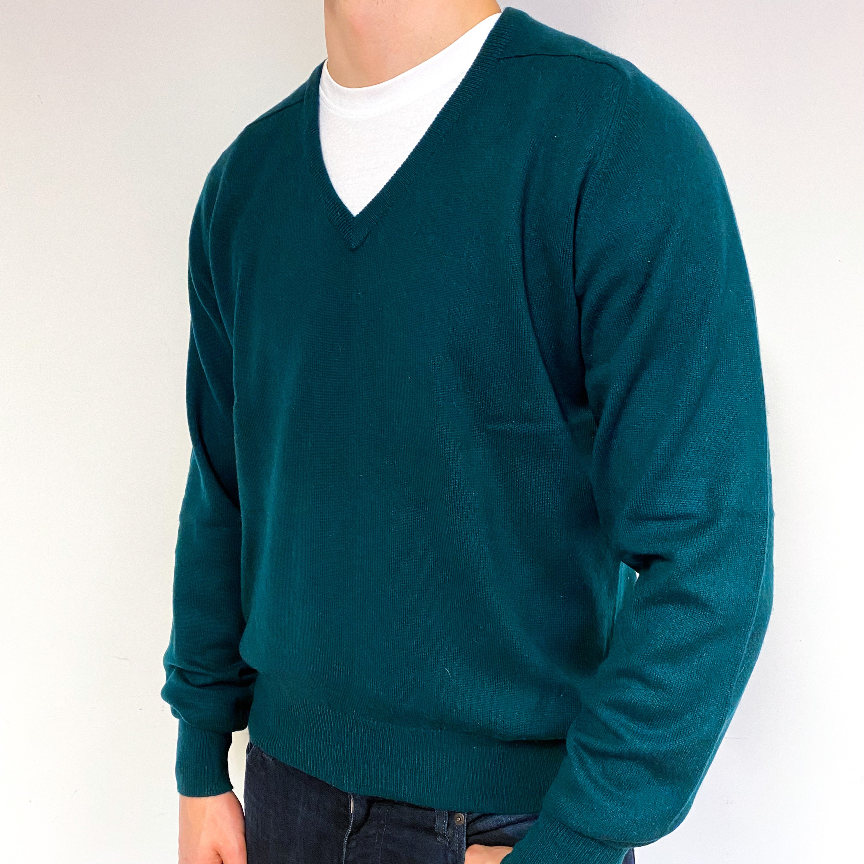 Men's Dark Forest Green Cashmere V-Neck Jumper Extra Large