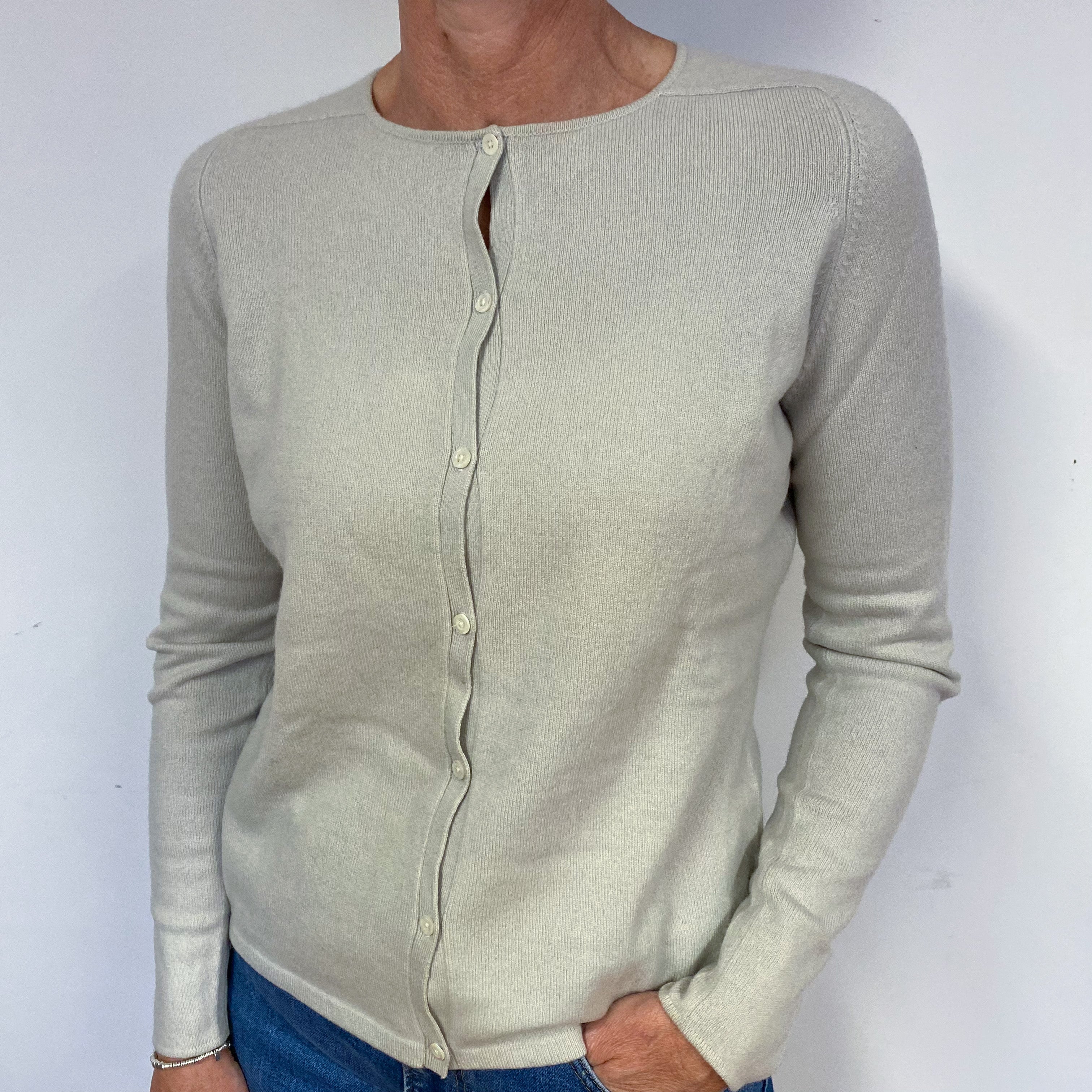 Palest Grey Crew Neck Cashmere Cardigan