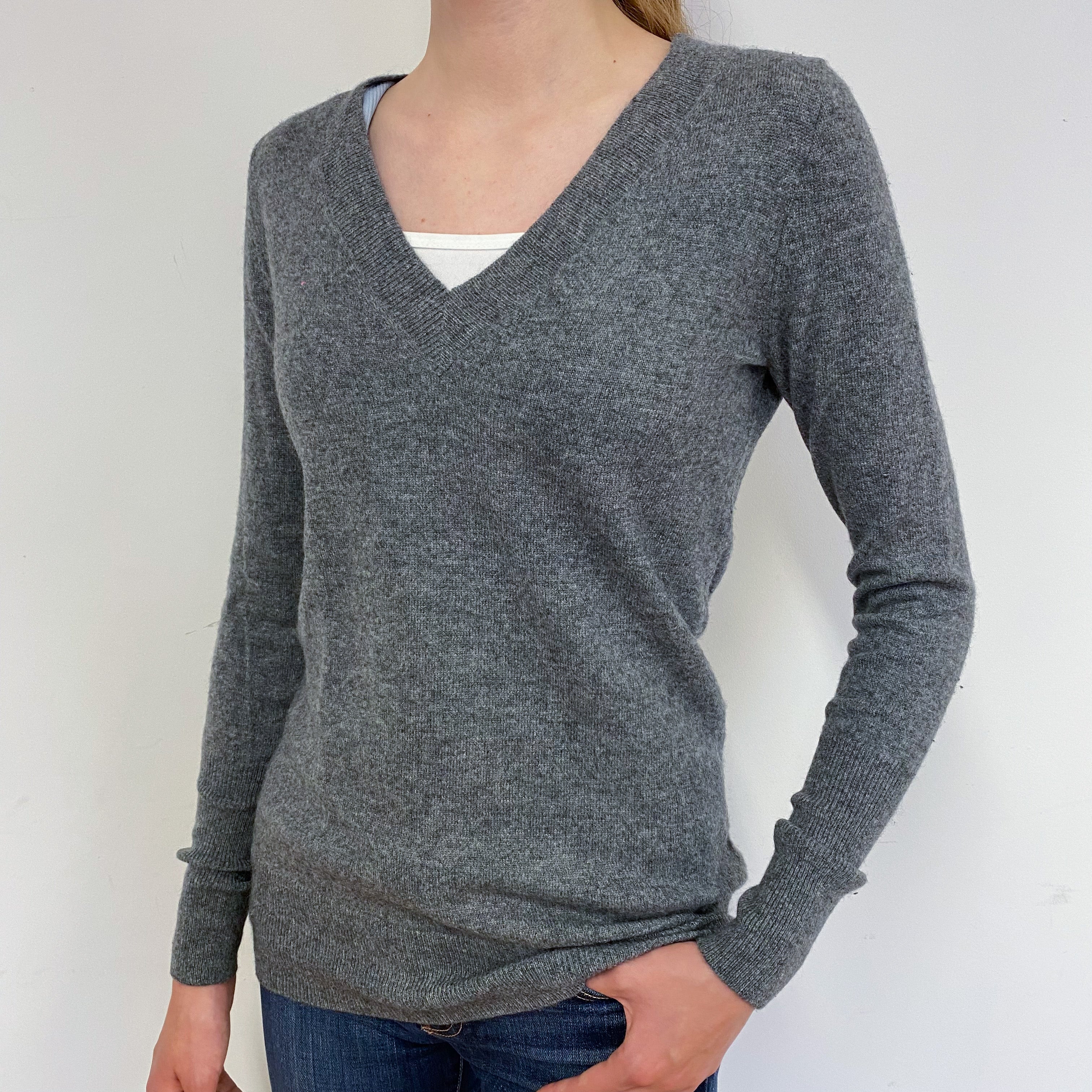 Slate Grey Cashmere V-Neck Jumper