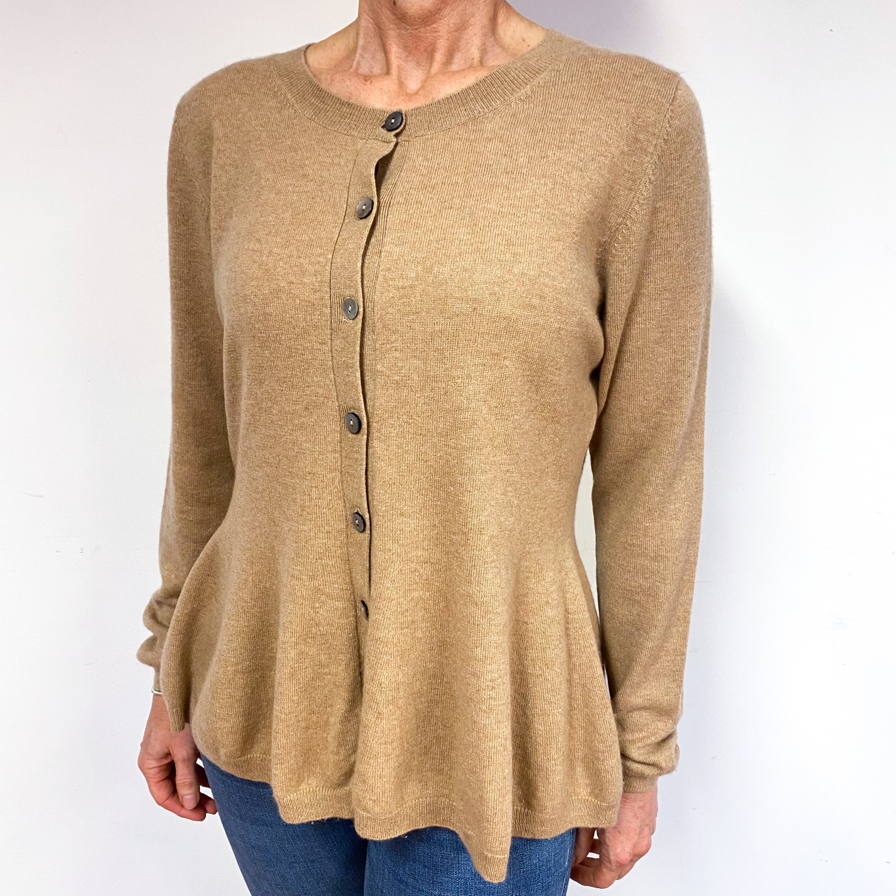 Camel Brown Peplum Cashmere Crew Neck Cardigan Medium