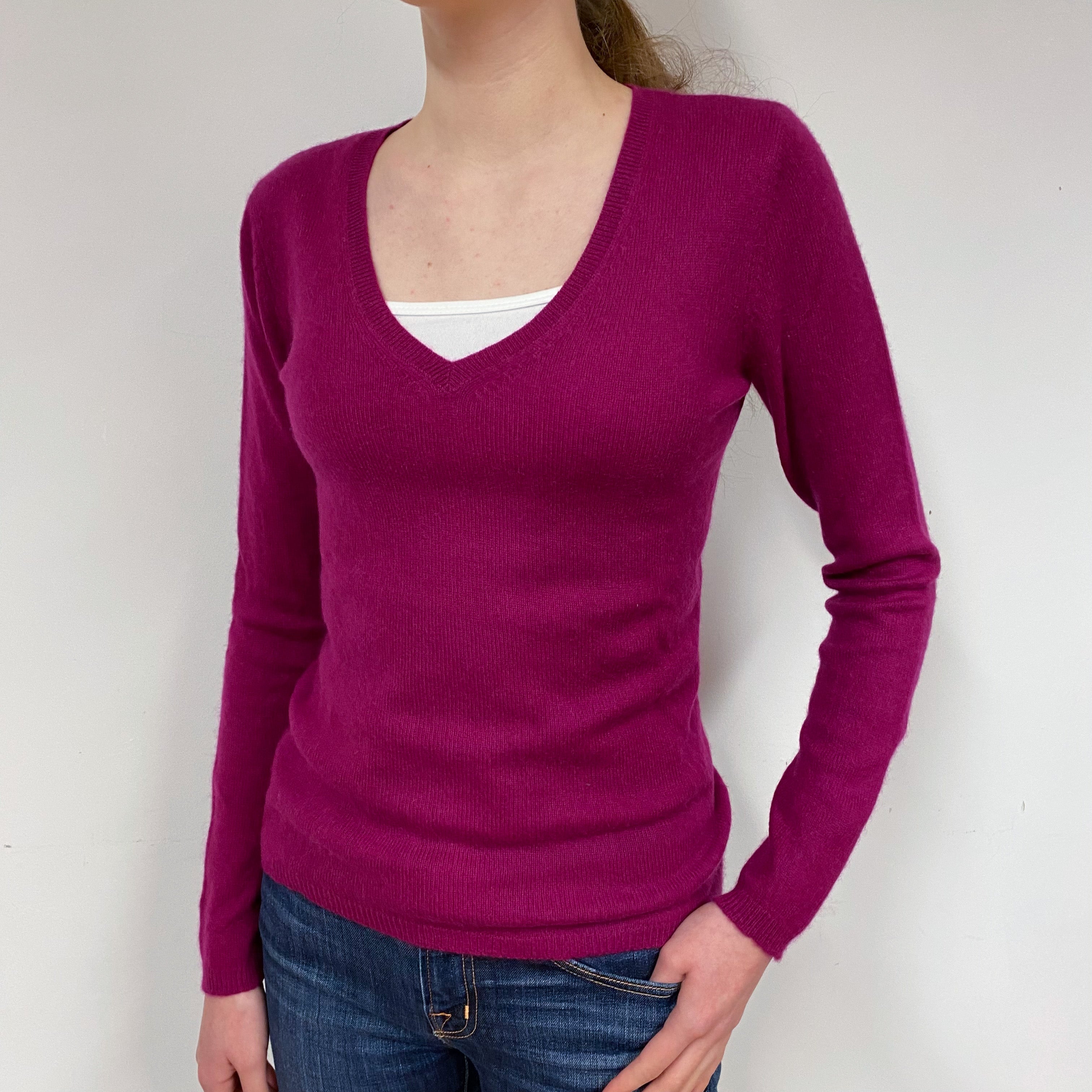 Deep Magenta Pink Cashmere V-Neck Jumper Extra Small
