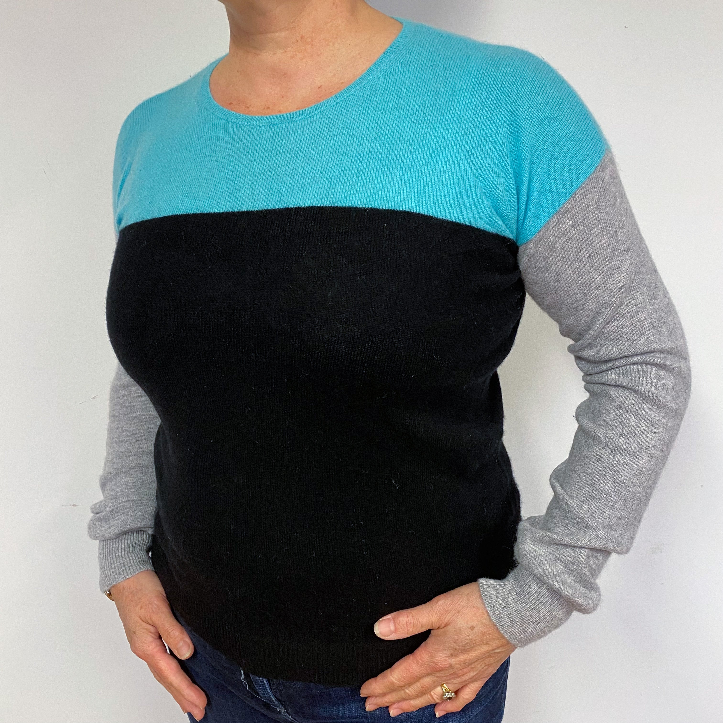Green and Grey Colour Block Cashmere Crew Neck Jumper Large