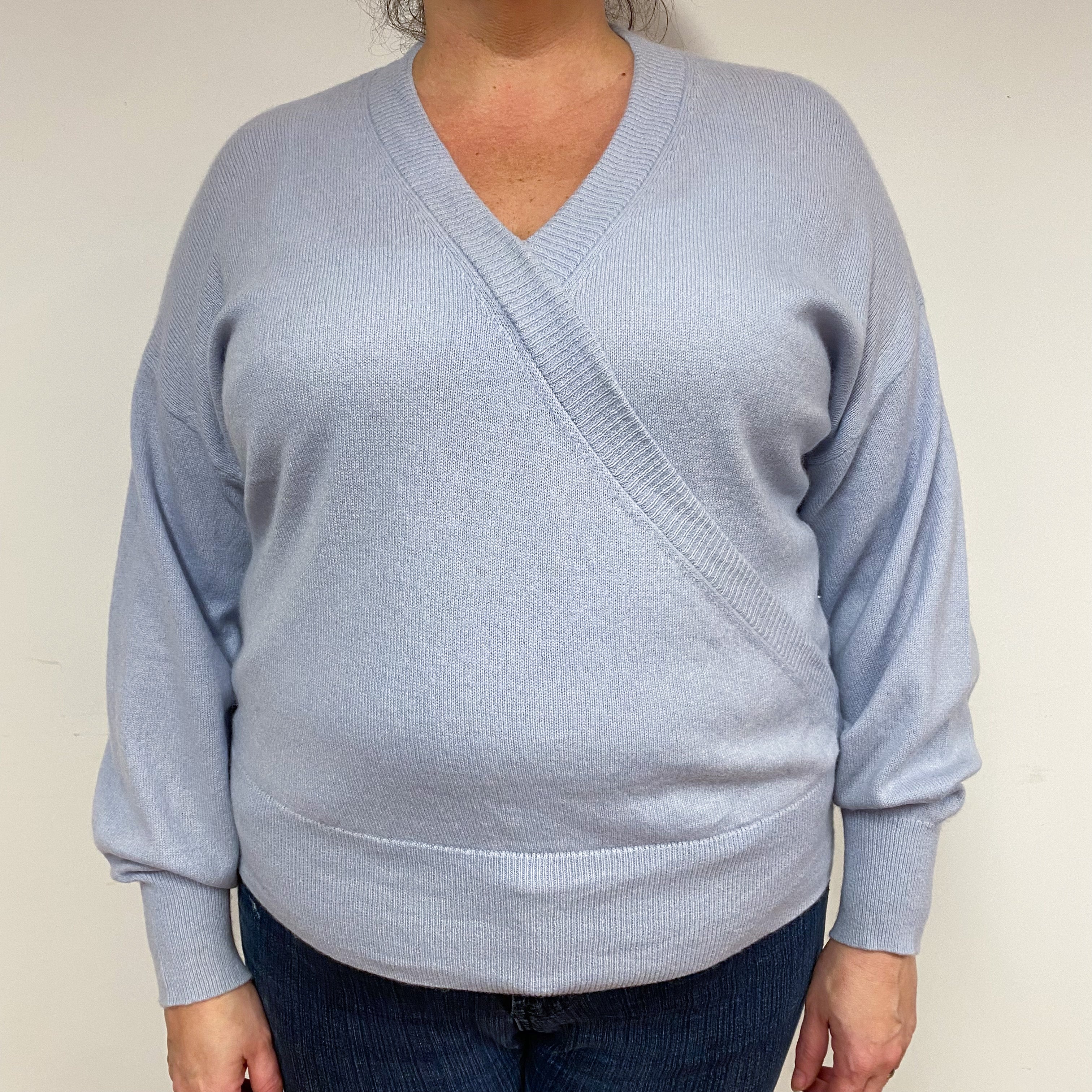 Powder Blue Cross-Over Cashmere V-Neck Jumper Extra Large