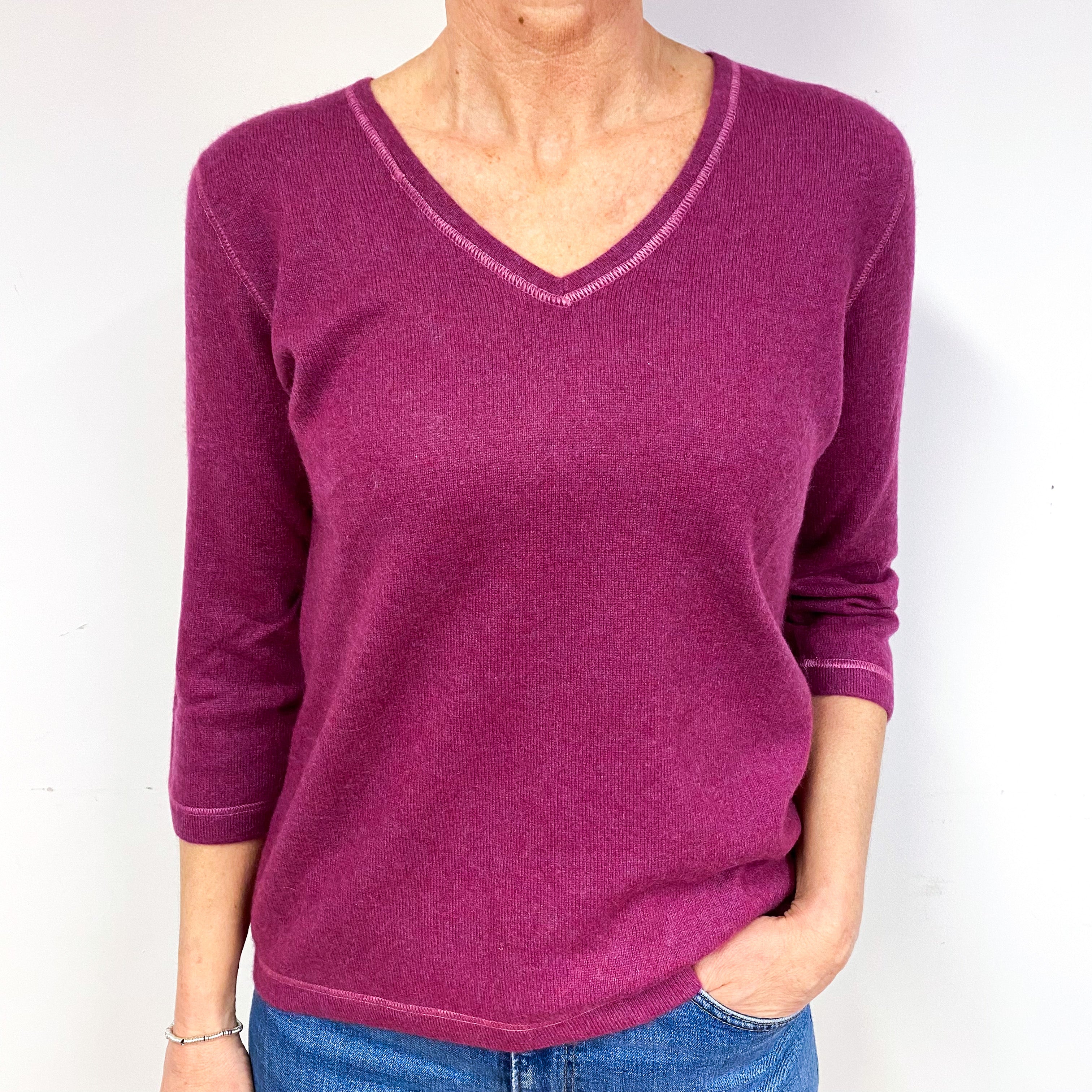Magenta Purple 3/4 Sleeve Cashmere V-Neck Jumper Medium