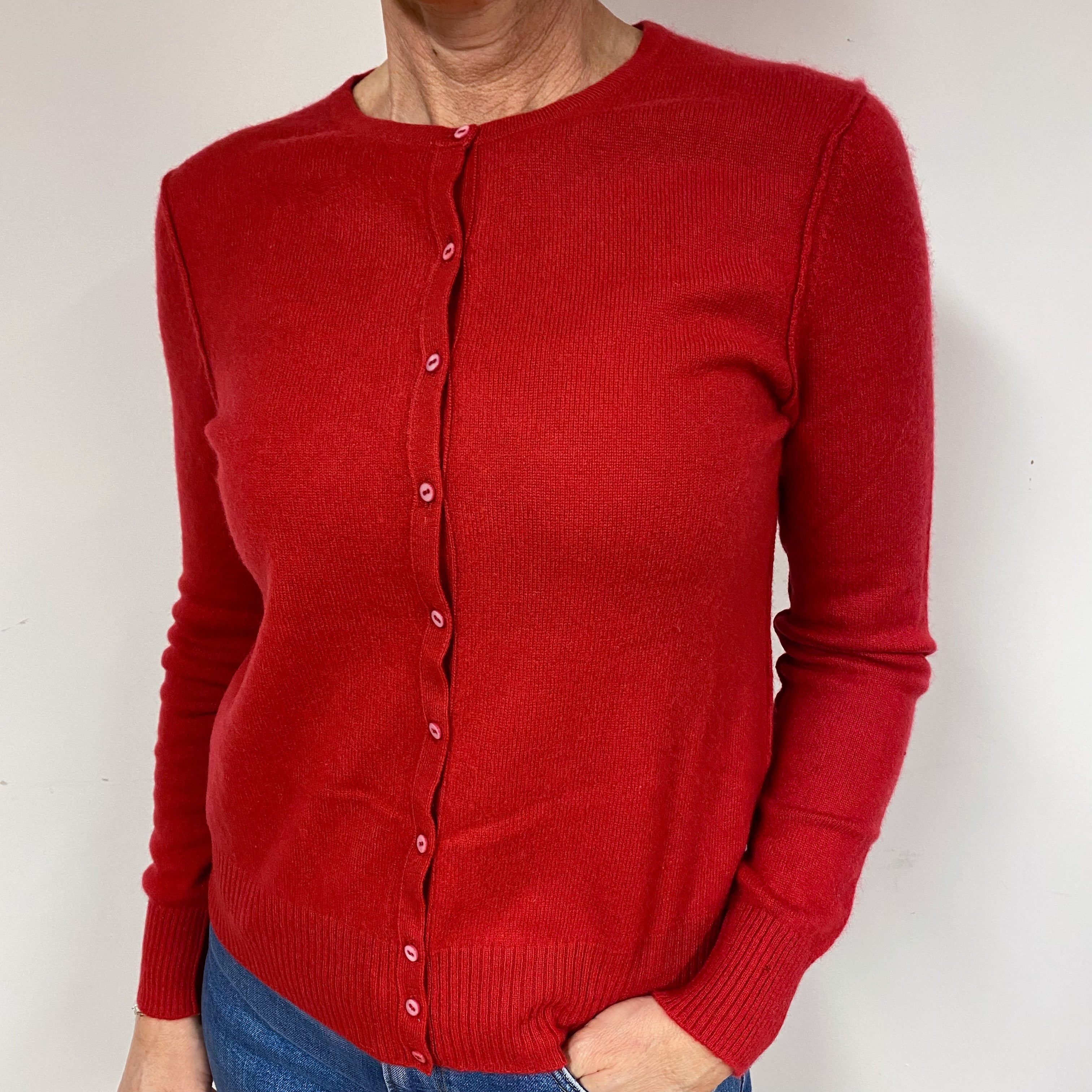 Post Box Red Cashmere Crew Neck Cardigan Medium