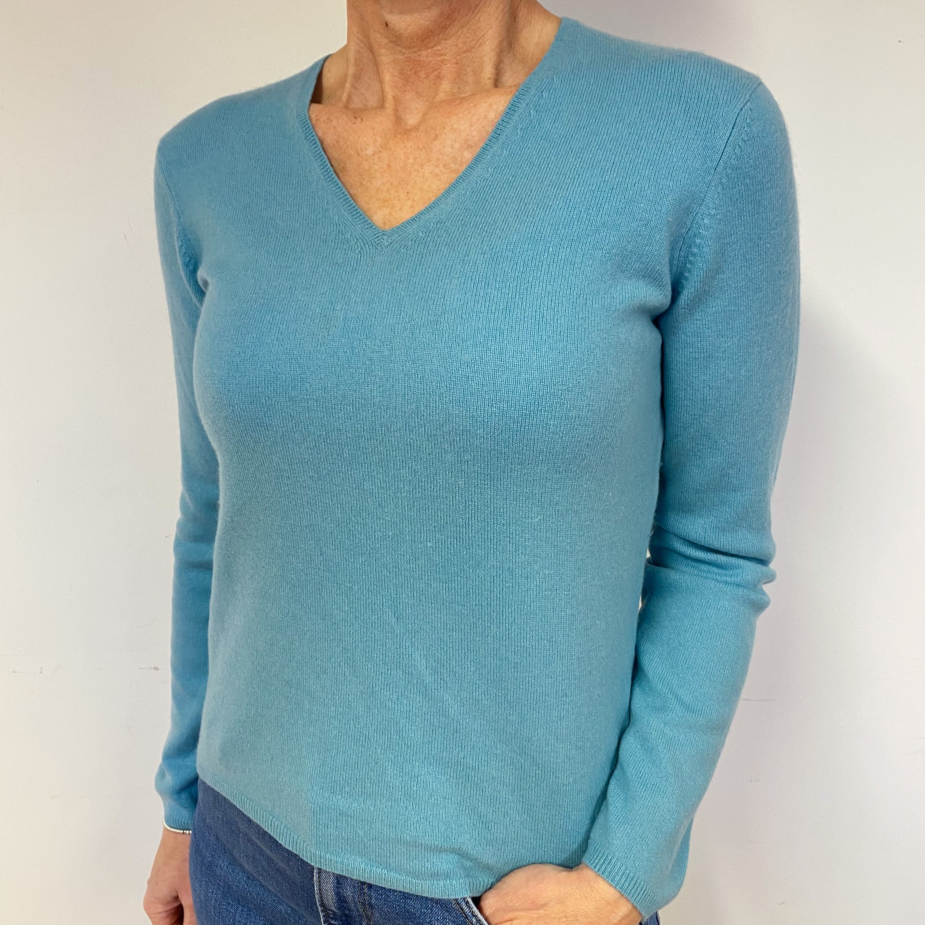 Aqua Blue Cashmere V-Neck Jumper Medium