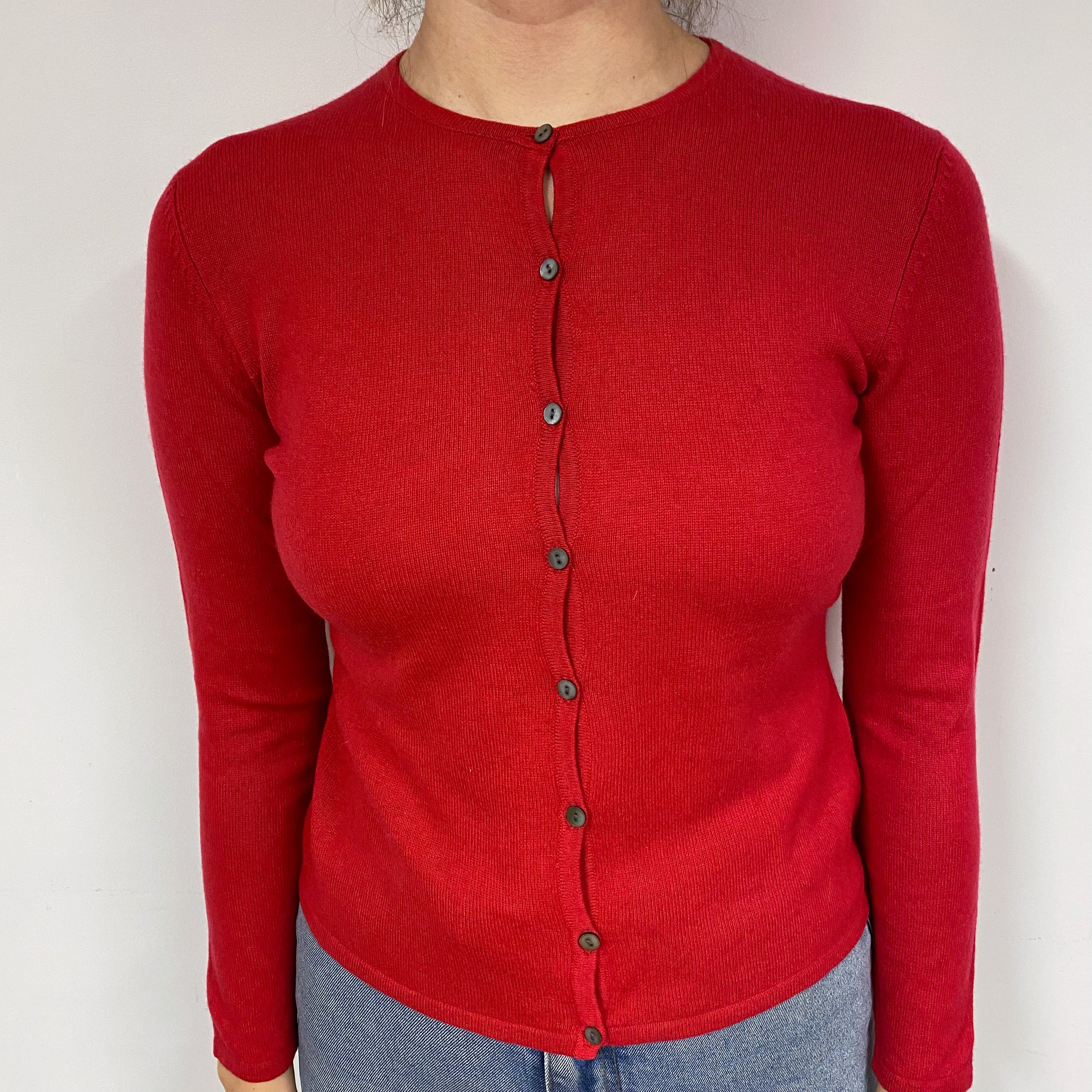 Post Box Red Cashmere Crew Neck Cardigan Small