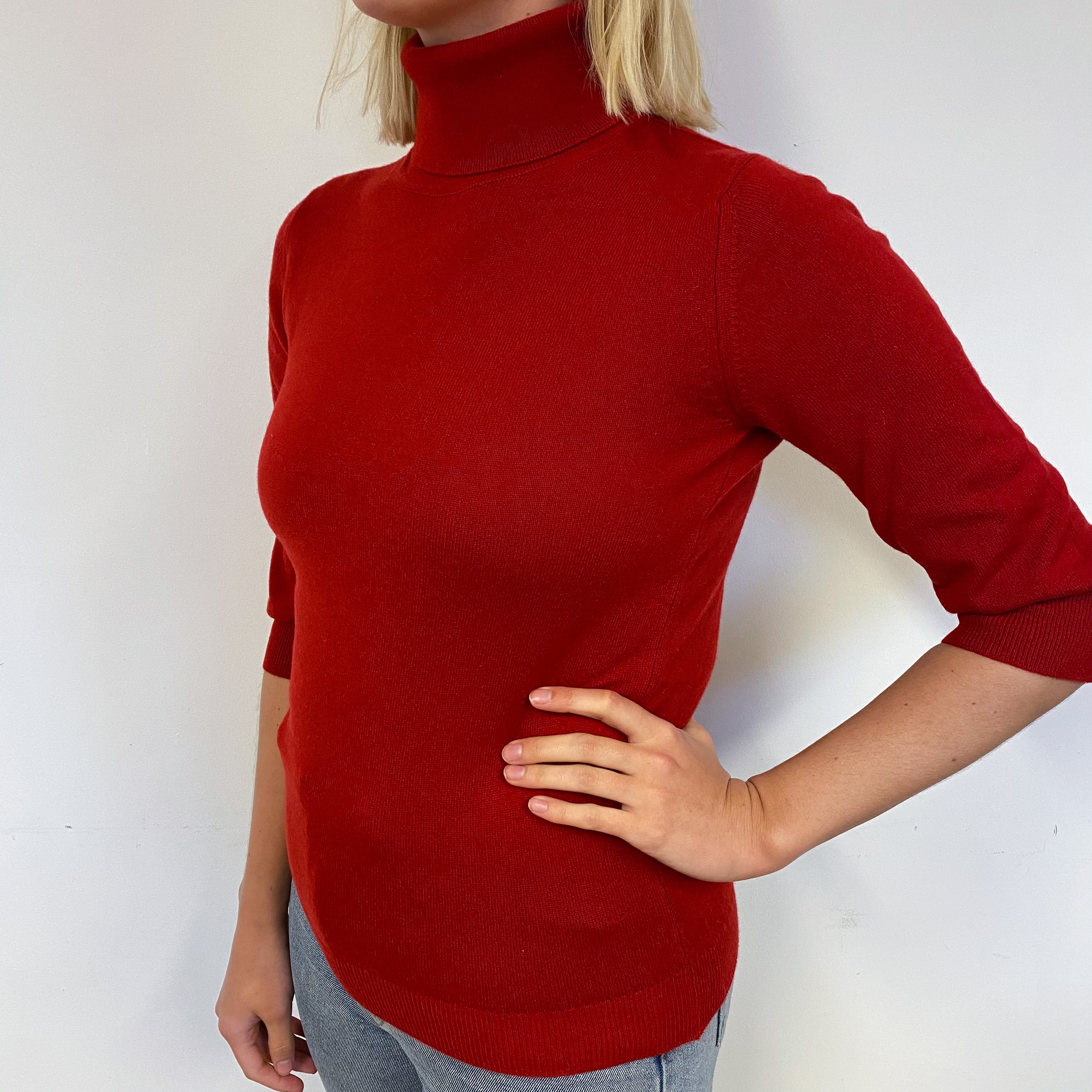New Scottish Red Cashmere Polo Neck Jumper Small