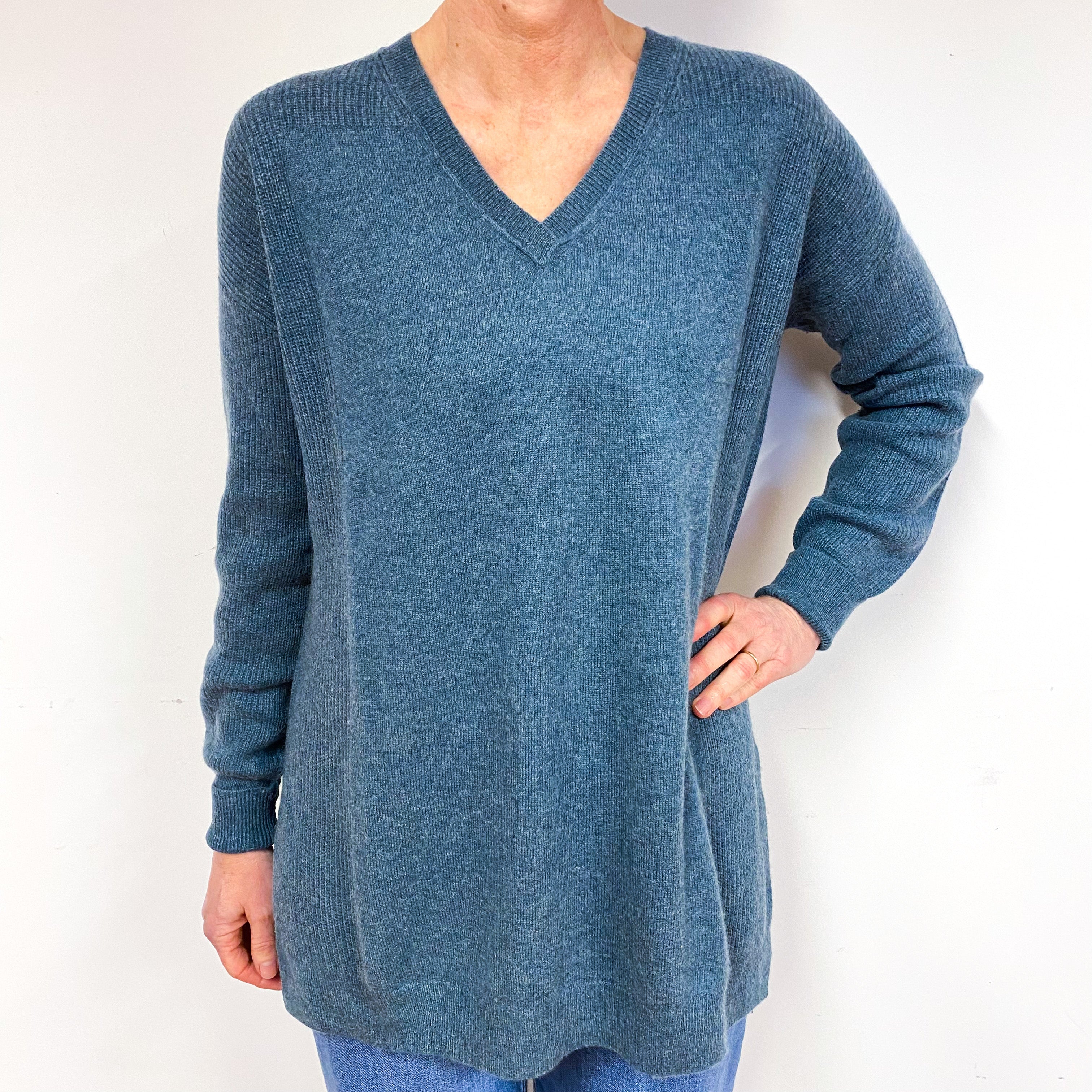 Spruce Green Slouchy Longline Cashmere V-Neck Jumper Medium
