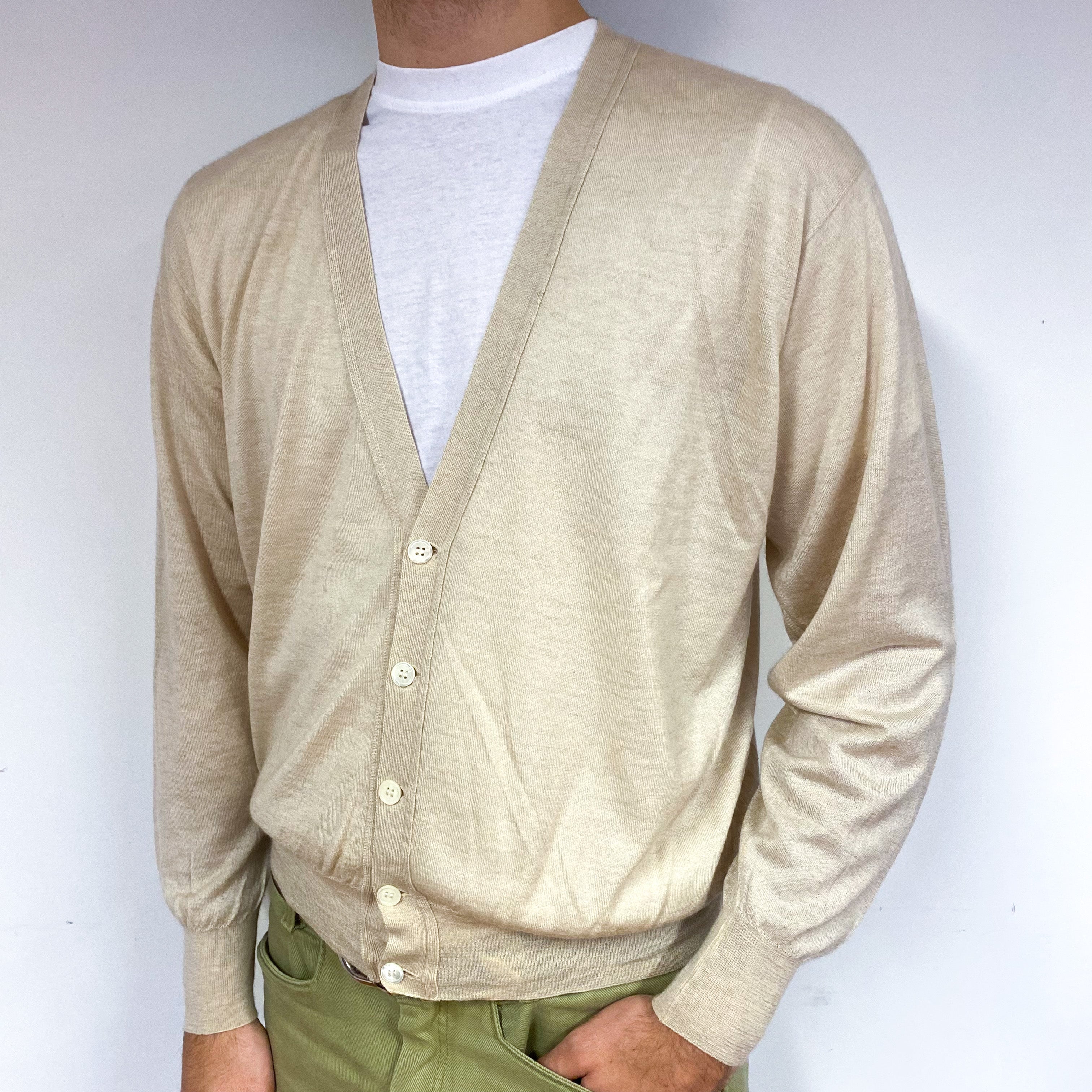 Men's Super Fine Knit Beige Cashmere Cardigan Large