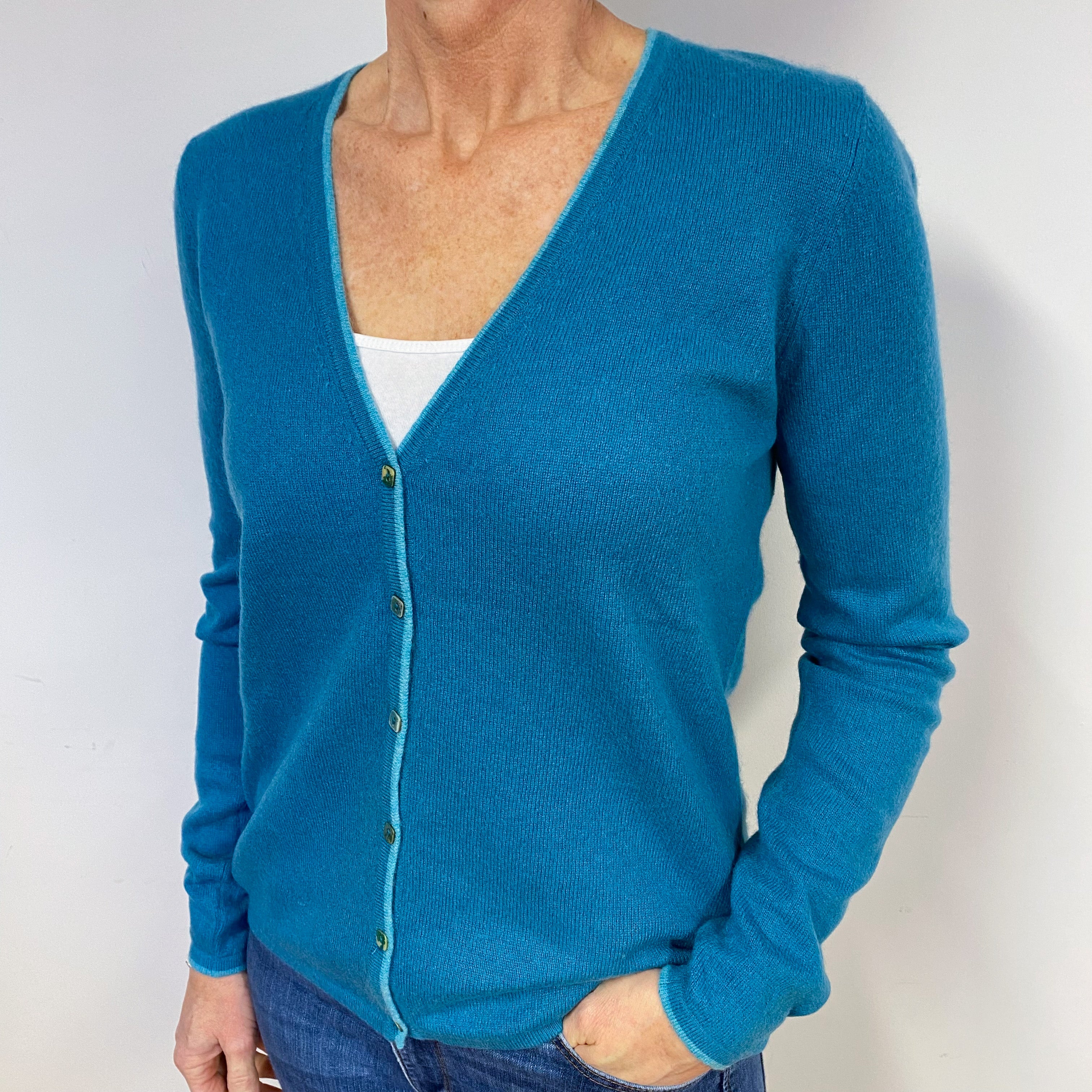 Teal Blue Cashmere V-Neck Cardigan Medium