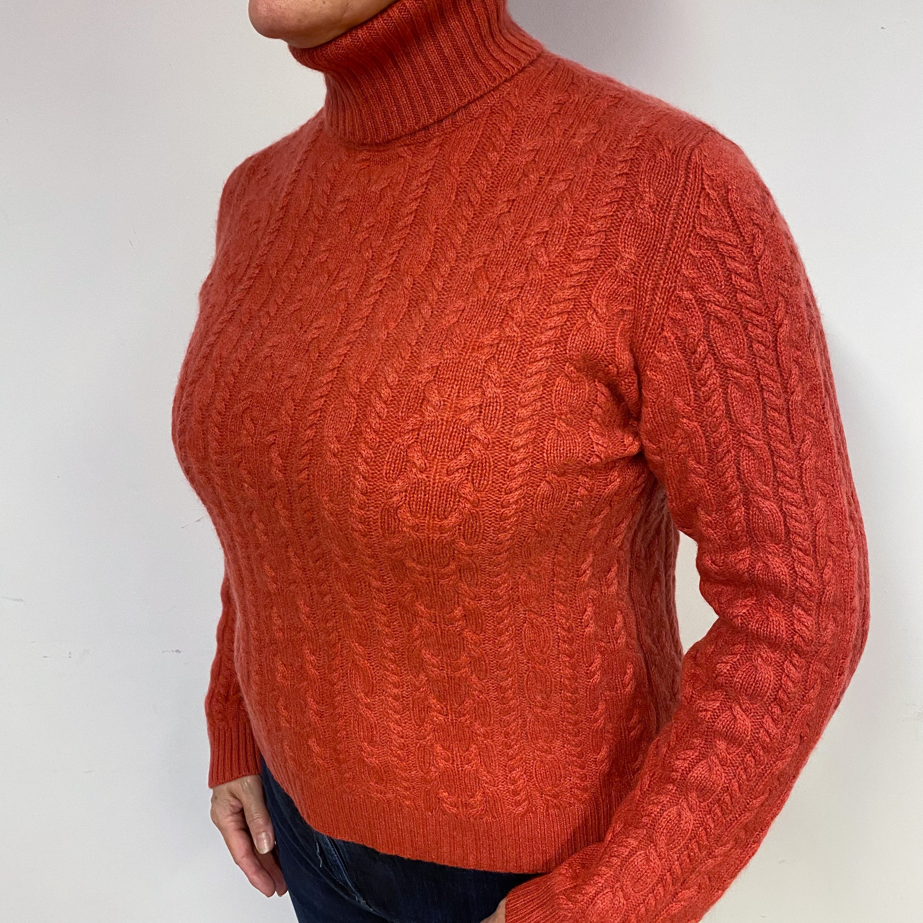 Paprika Orange Cable Cashmere Polo Neck Jumper Large