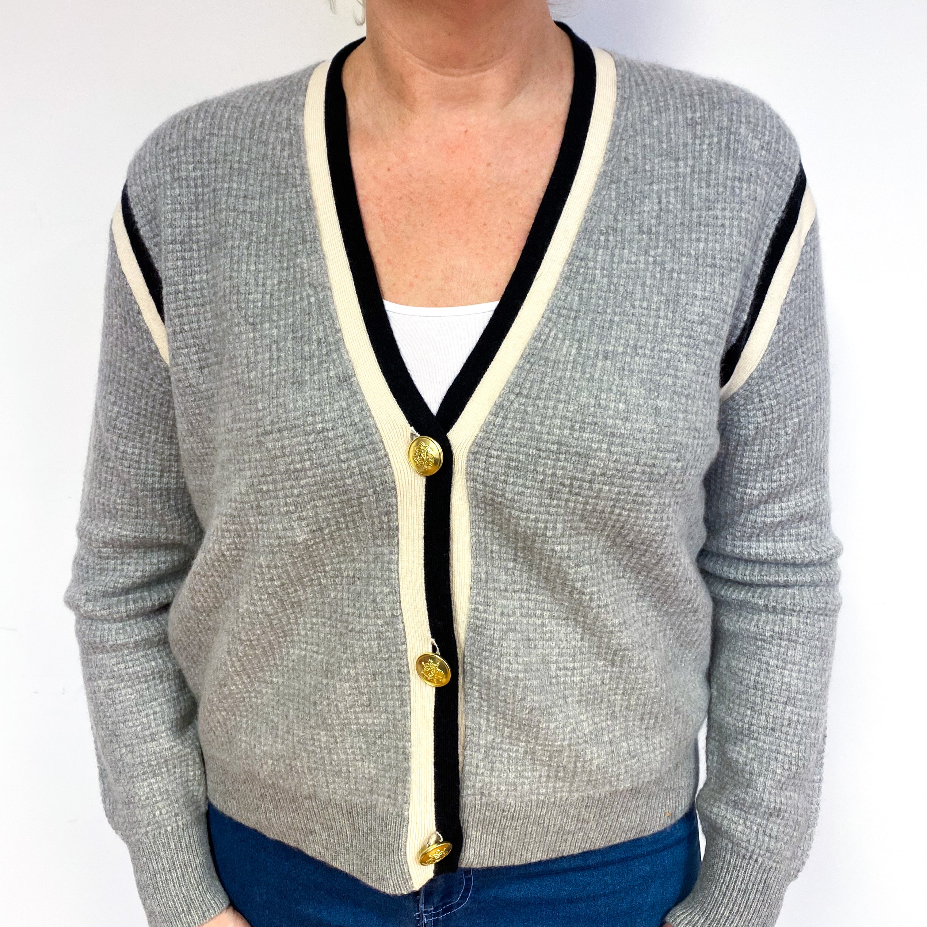 Smoke Grey Waffle Cashmere V-Neck Cardigan Large