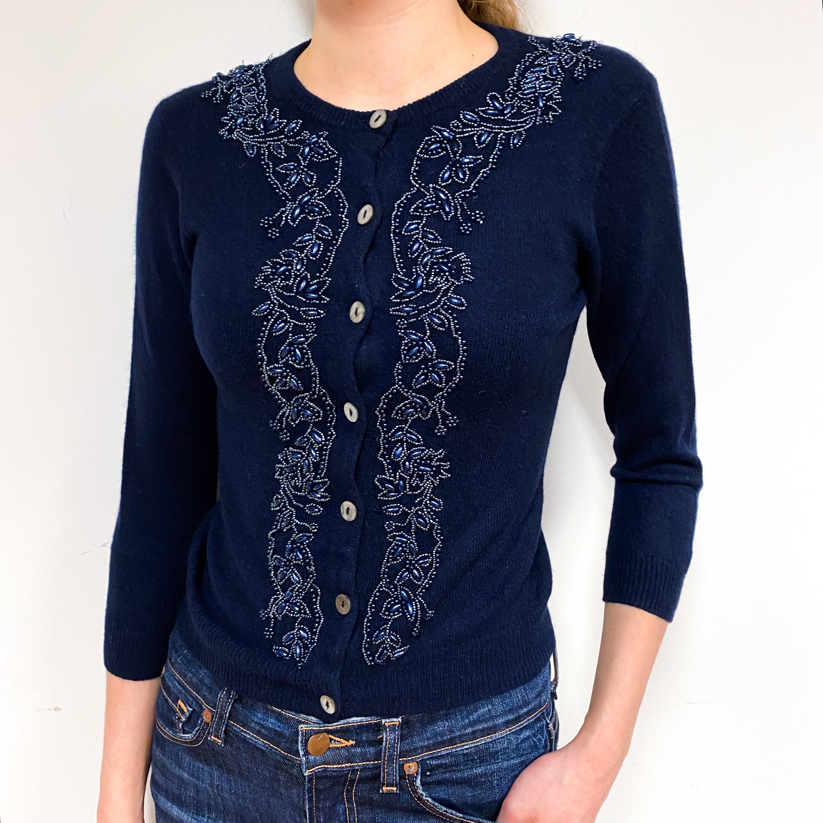 Navy Embellished Cashmere Crew Neck Cardigan Extra Small