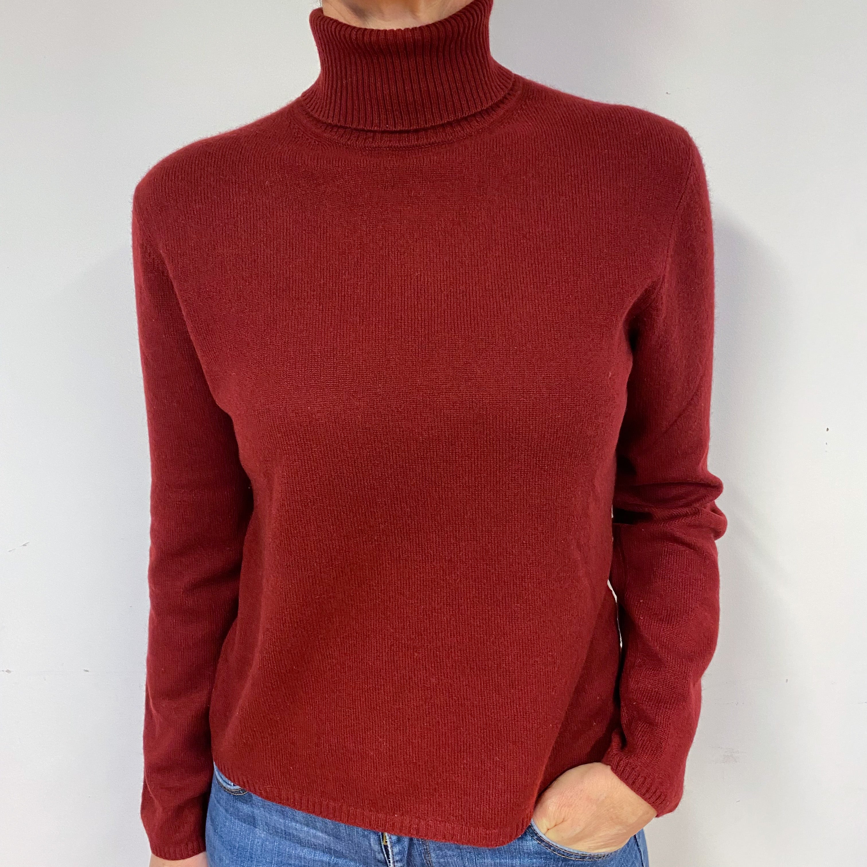 Wine Red Cashmere Polo Neck Jumper Medium