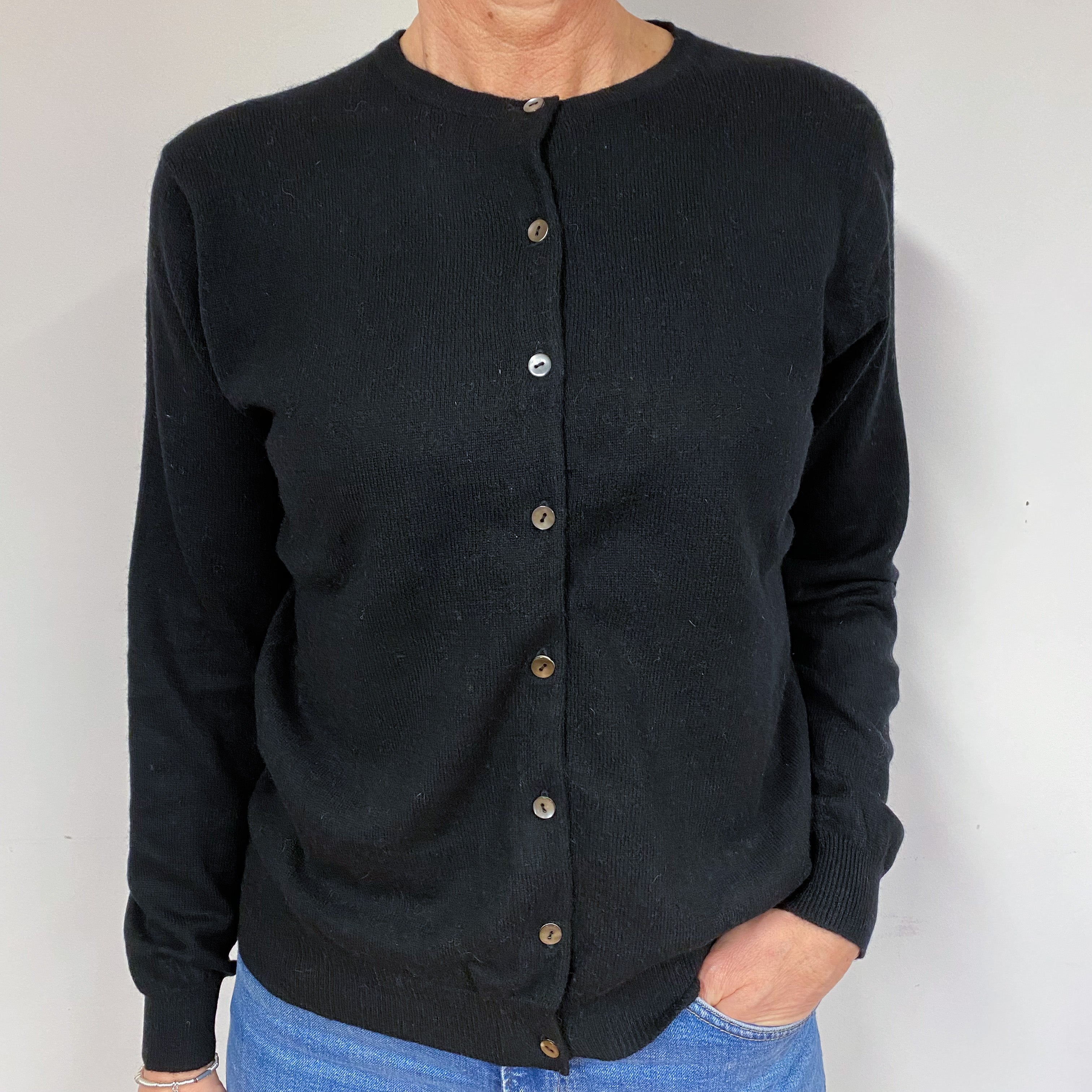 Black Cashmere Crew Neck Cardigan Medium