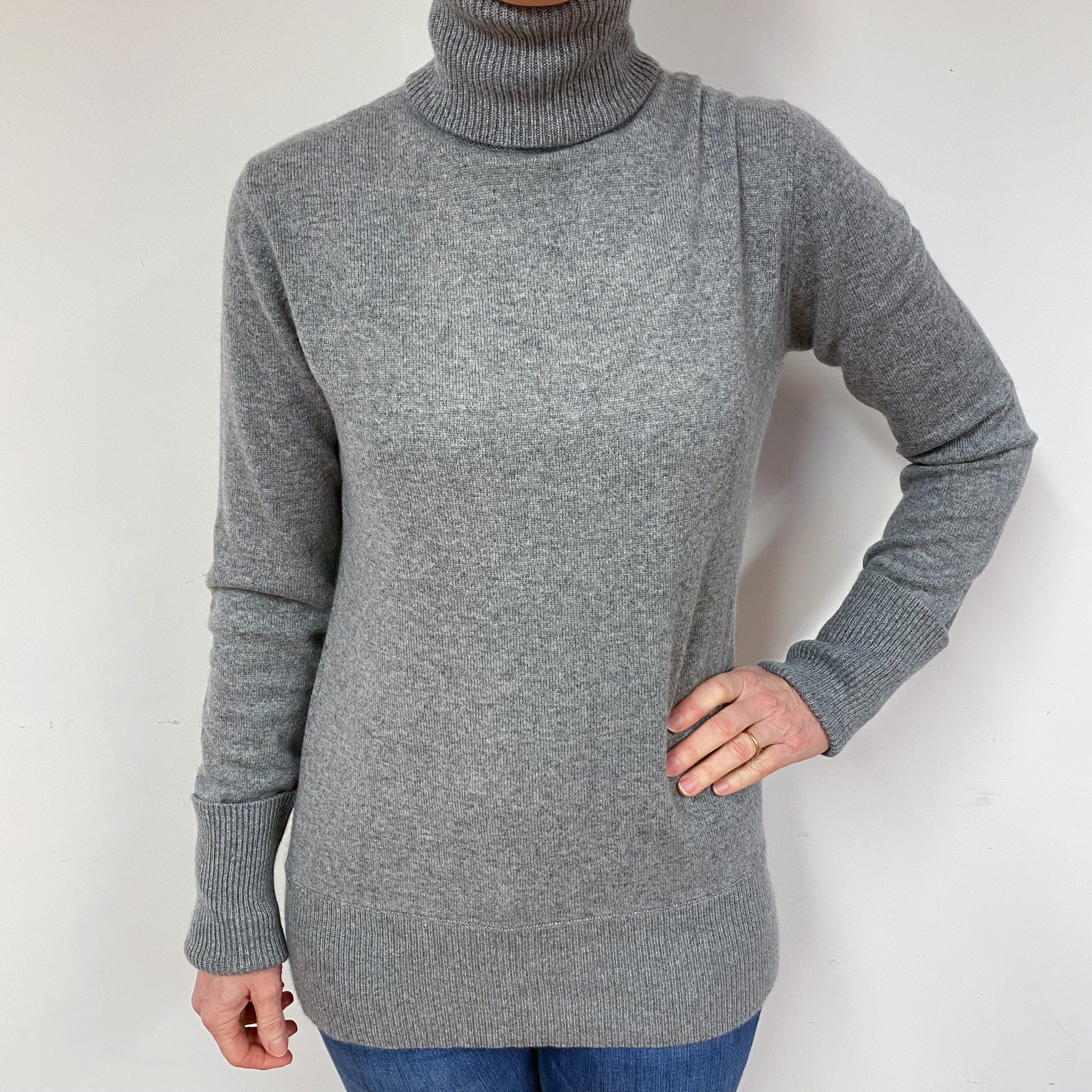 Steel Grey Longline Cashmere Polo Neck Jumper Medium