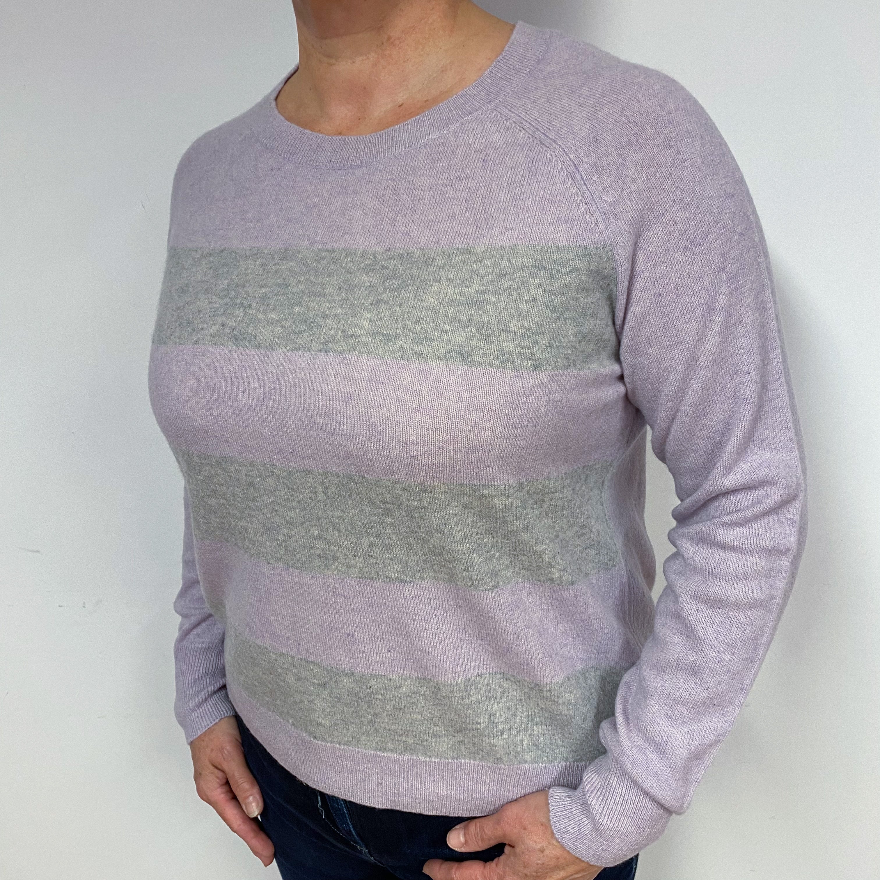 Lilac and Grey Stripe Cashmere Crew Neck Jumper Large