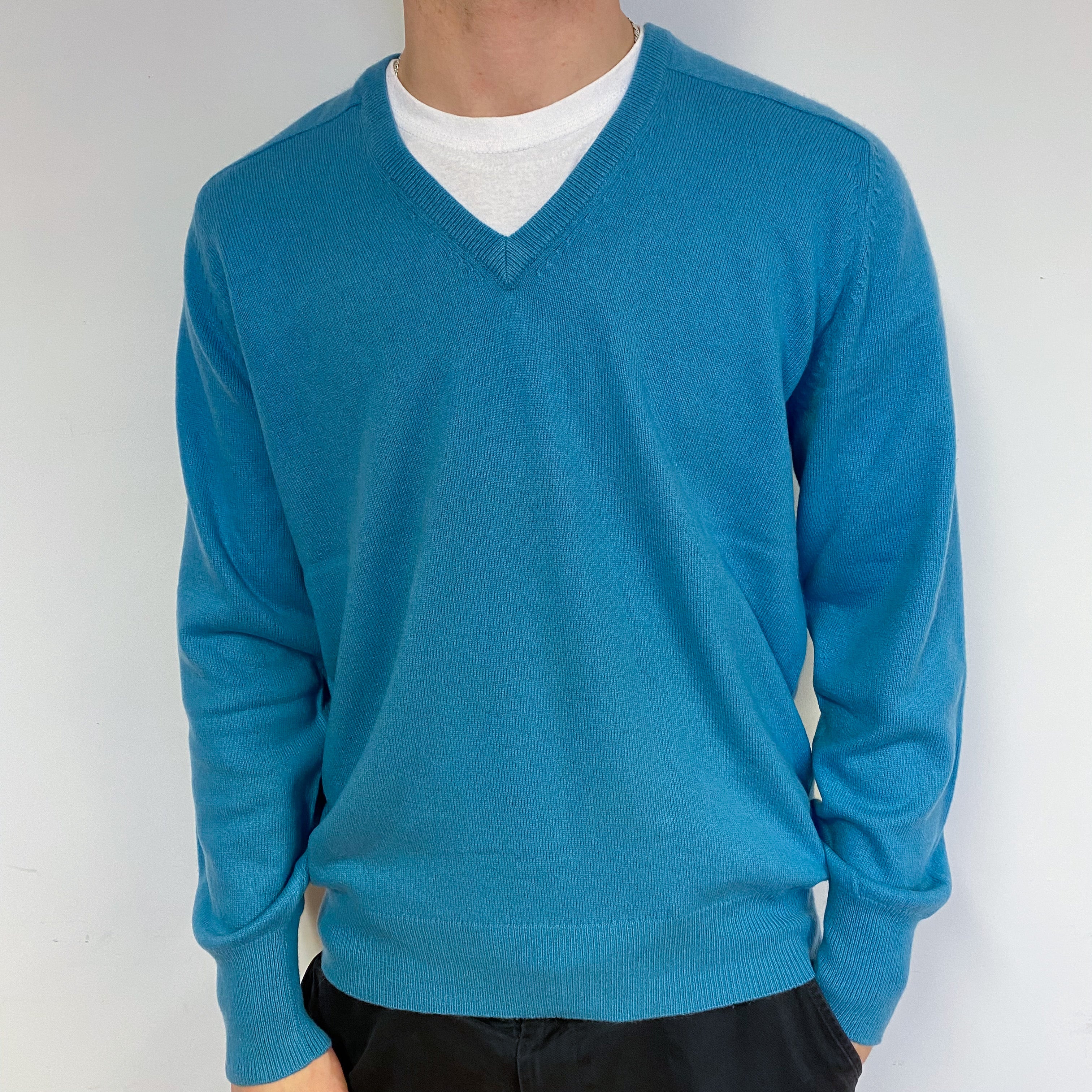Men's Aqua Blue Cashmere V-Neck Jumper Medium