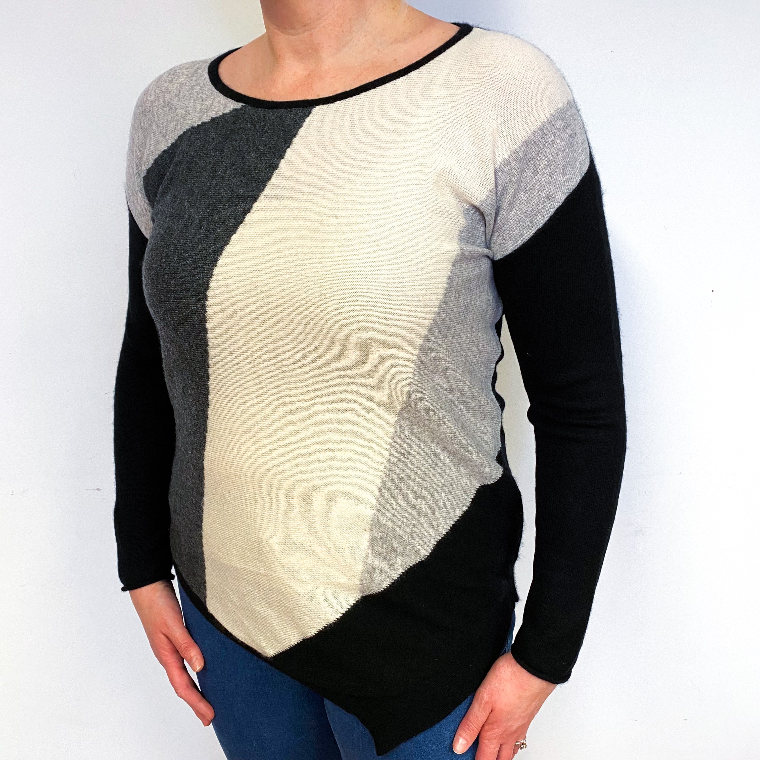 Grey Black Colour Block Cashmere Crew Neck Jumper Large