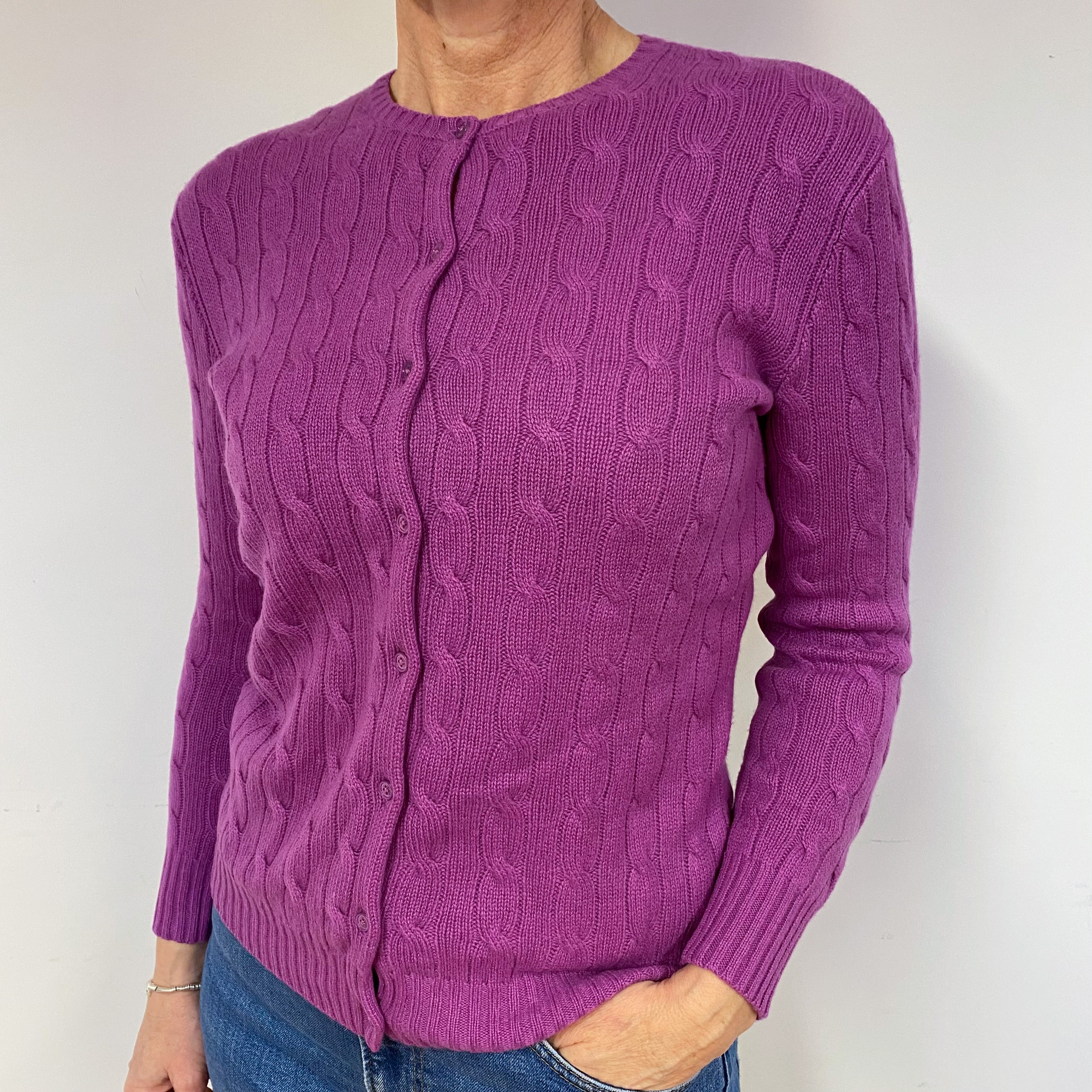 Magenta Pink Cable Cashmere Crew Neck Cardigan