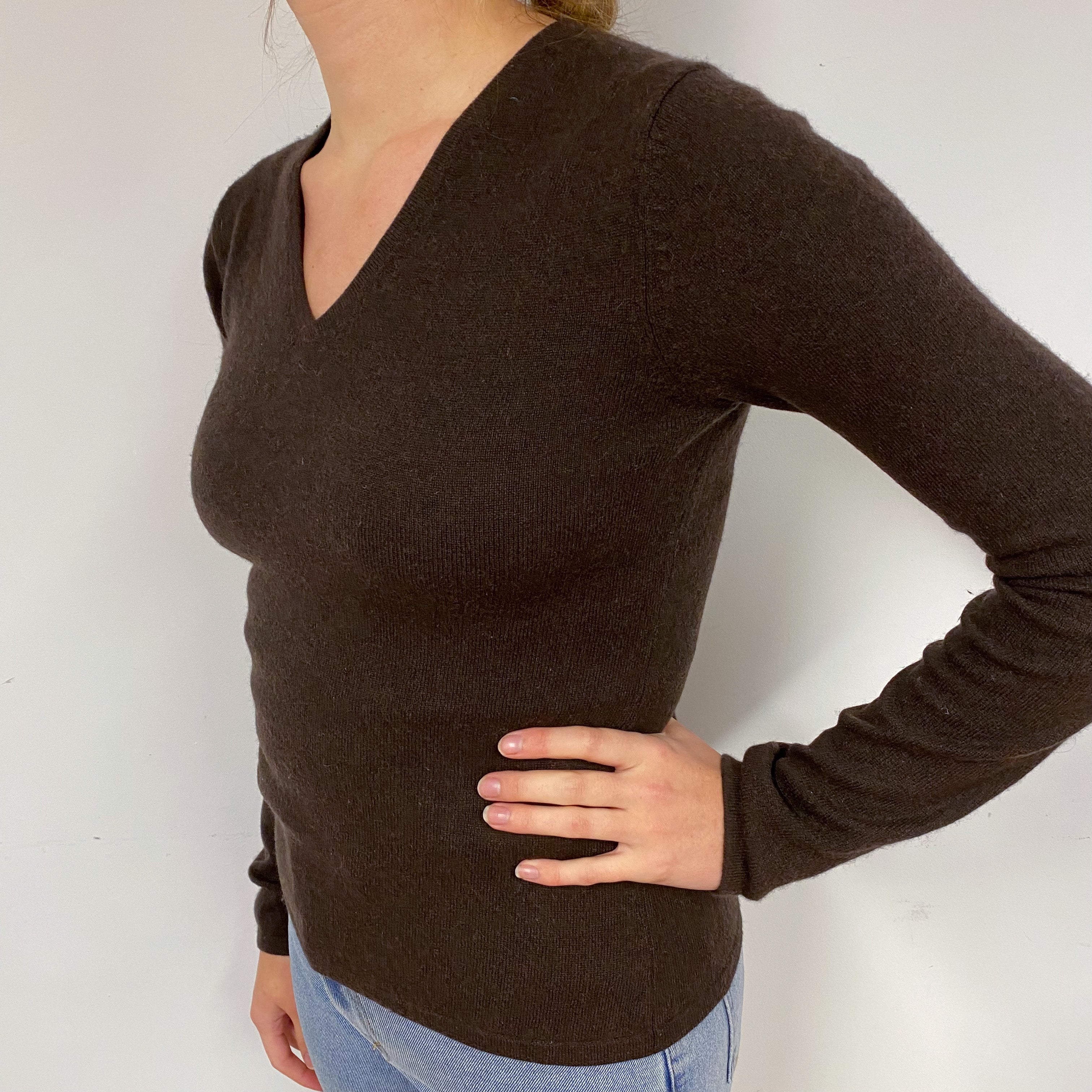 Chocolate Brown Cashmere V-Neck Jumper Small