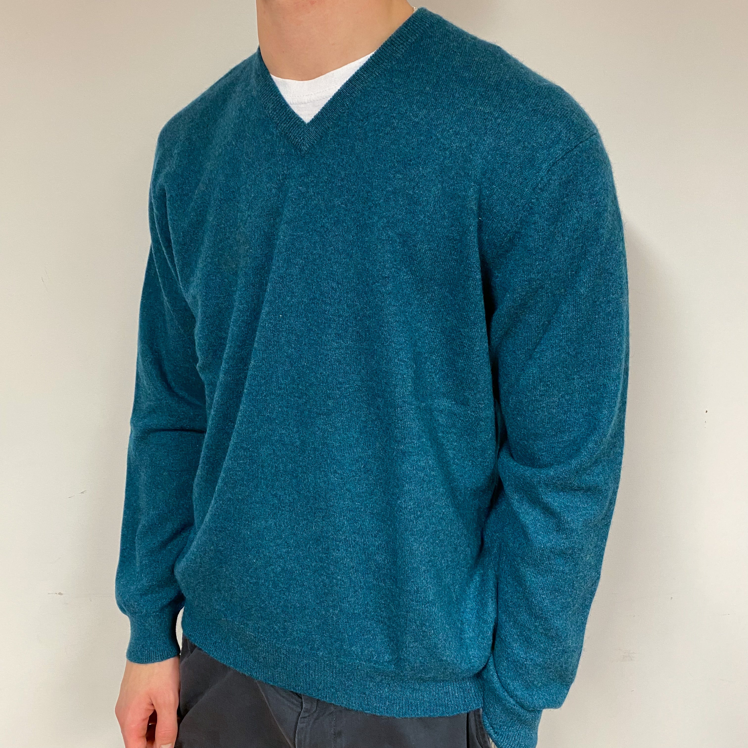 Men's Ocean Green Cashmere V-Neck Jumper Large