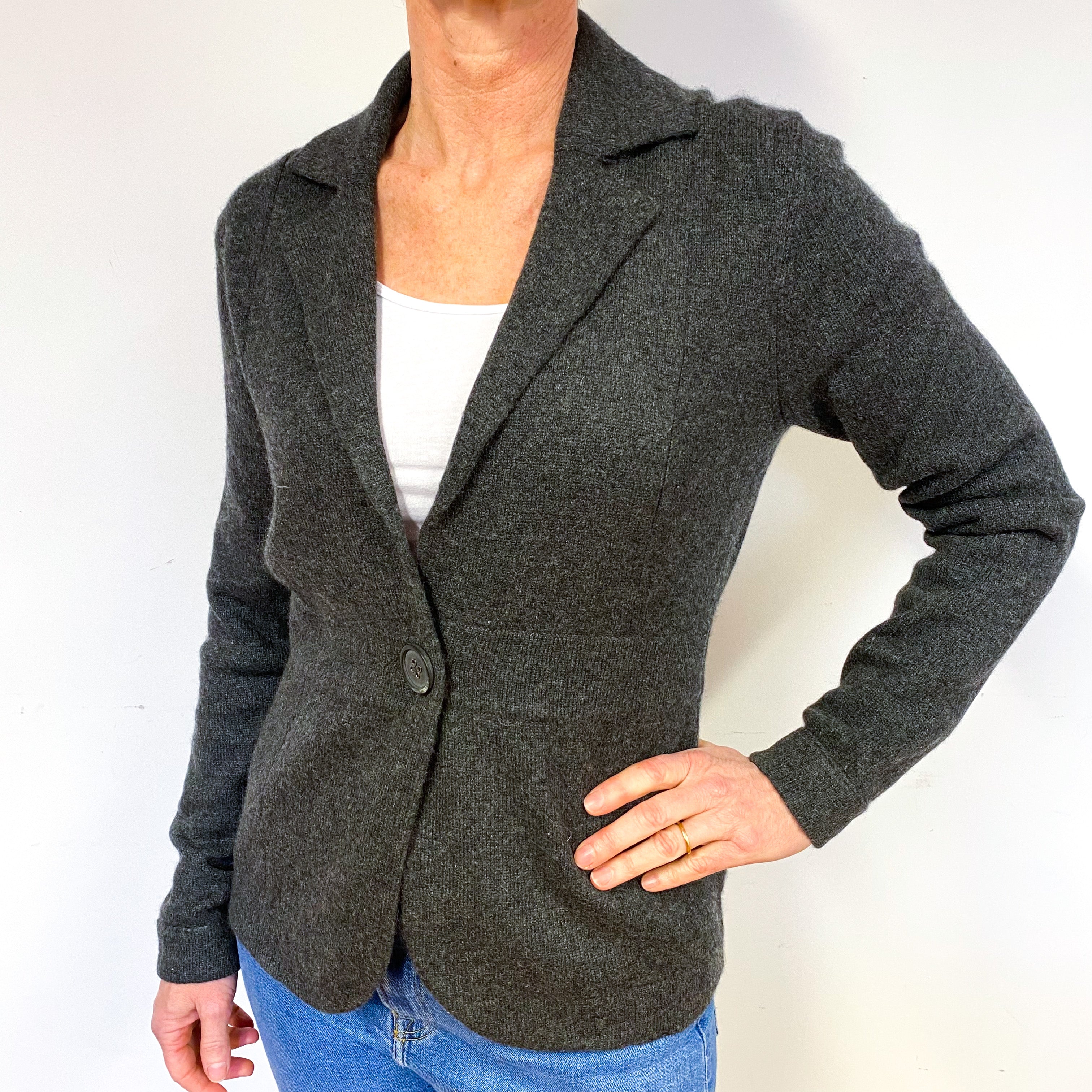 Slate Grey Cashmere V-Neck Collared Jacket Medium