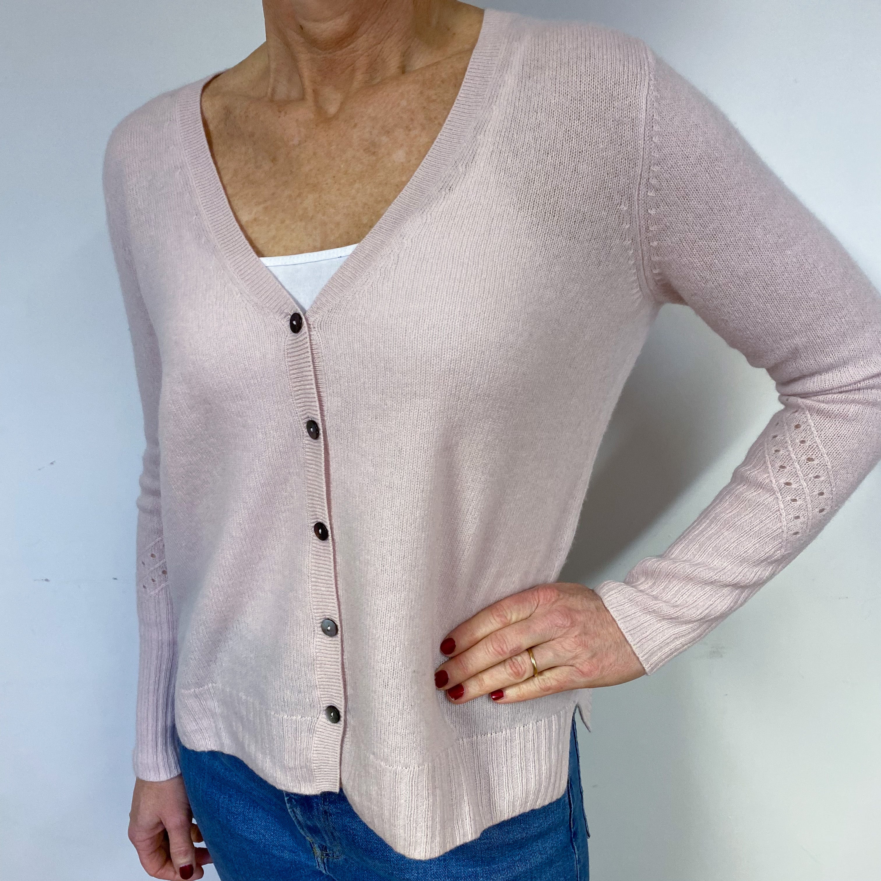 Lightweight Pale Pink Cashmere V-Neck Cardigan Medium