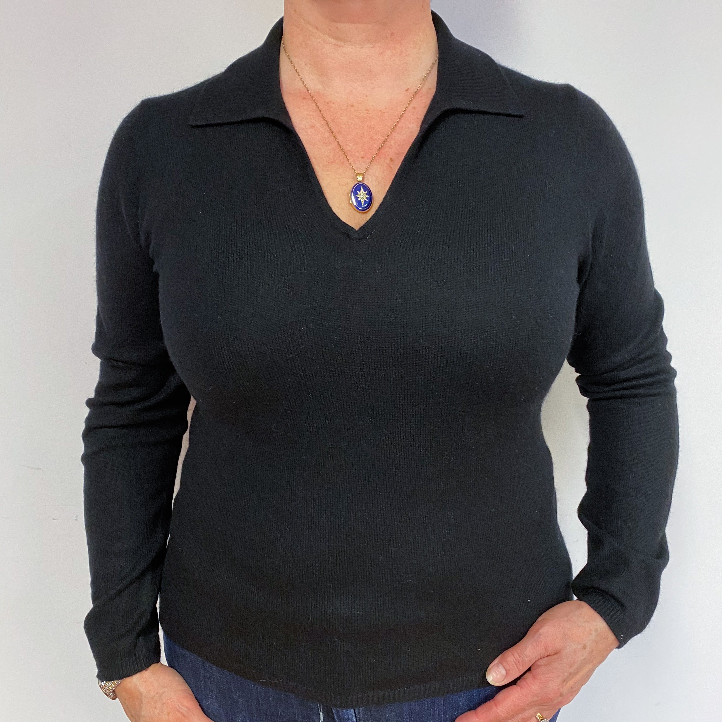 Black Collared Cashmere V-Neck Jumper Large