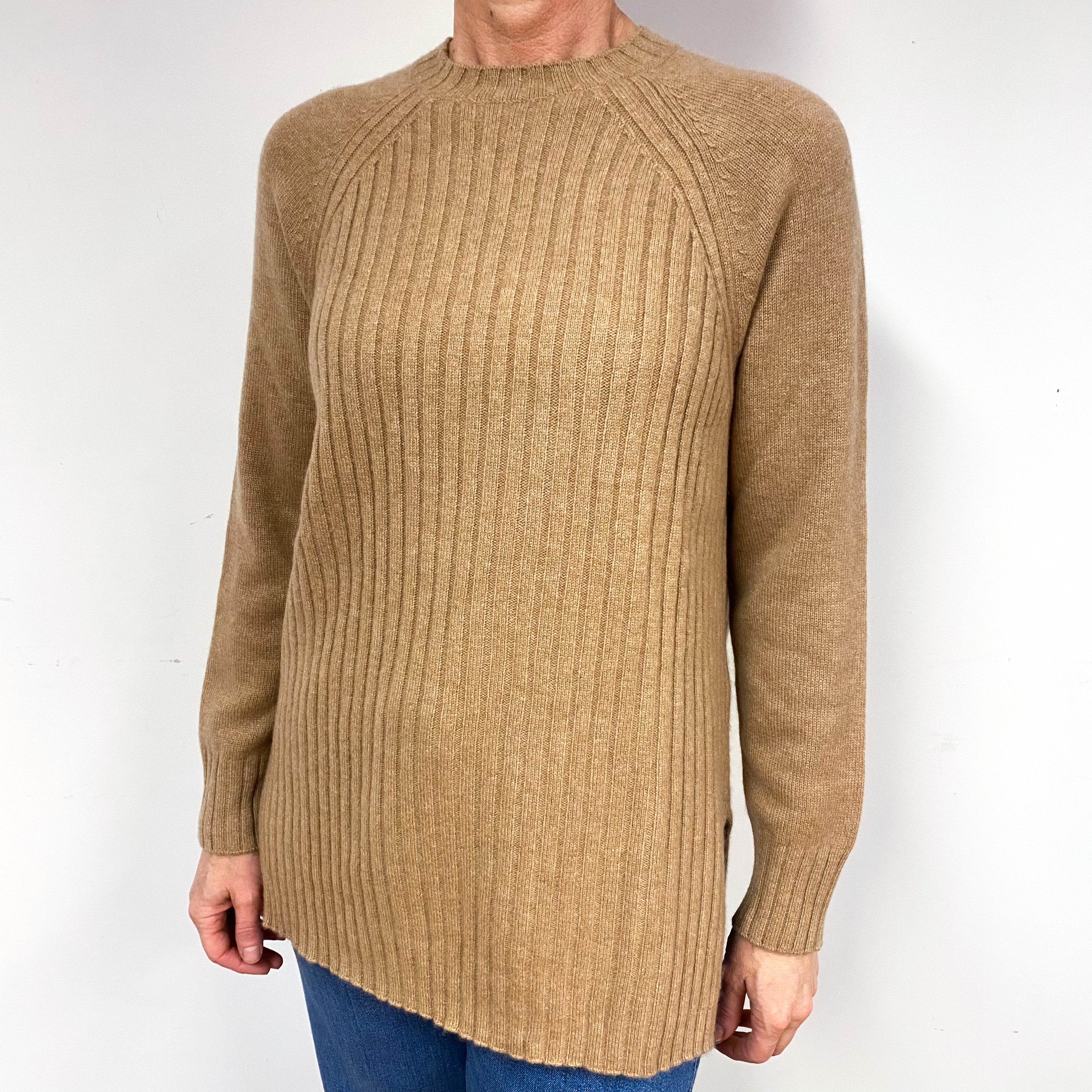 Camel Brown Ribbed Cashmere Crew Neck Jumper Medium