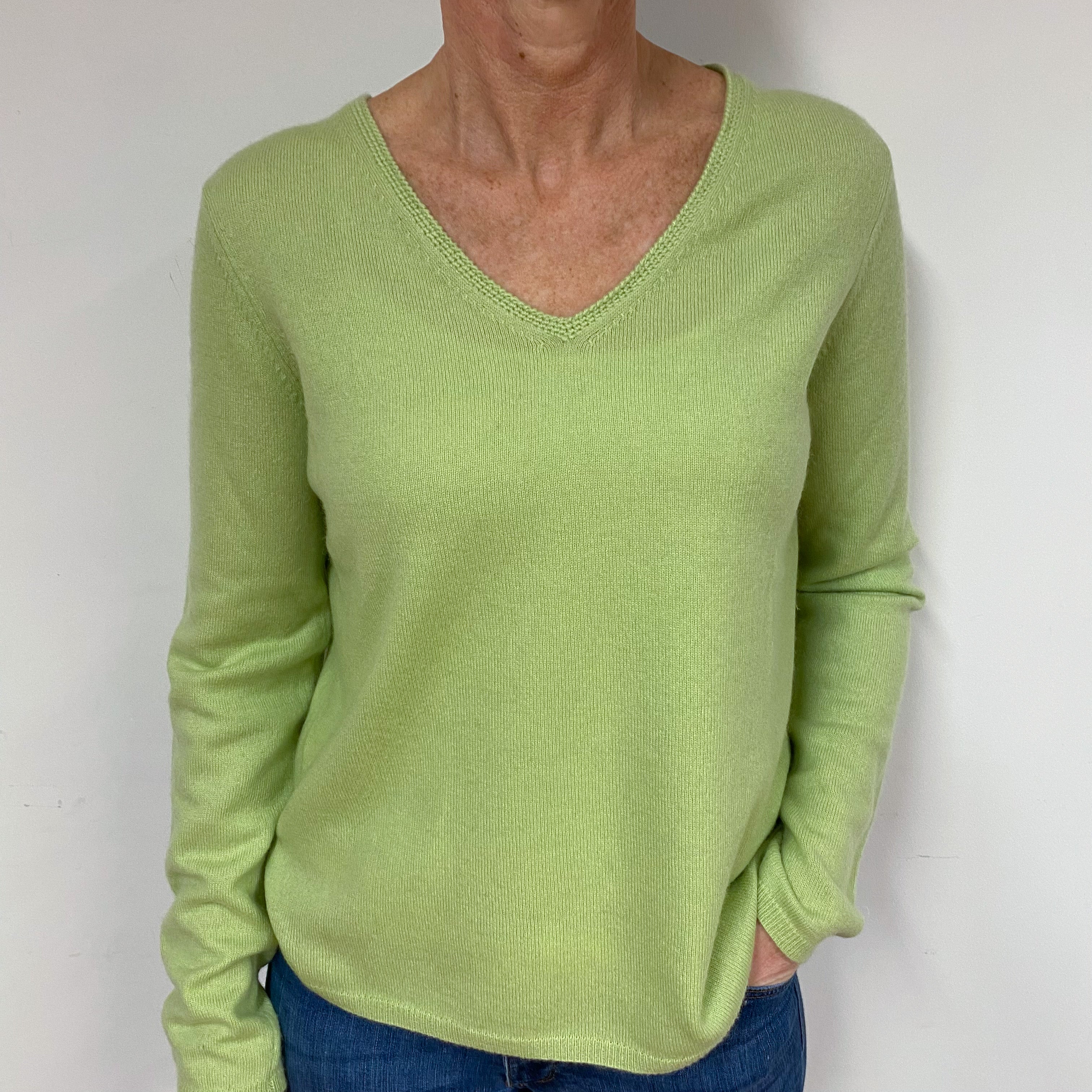Spring Green Cashmere V-Neck Jumper
