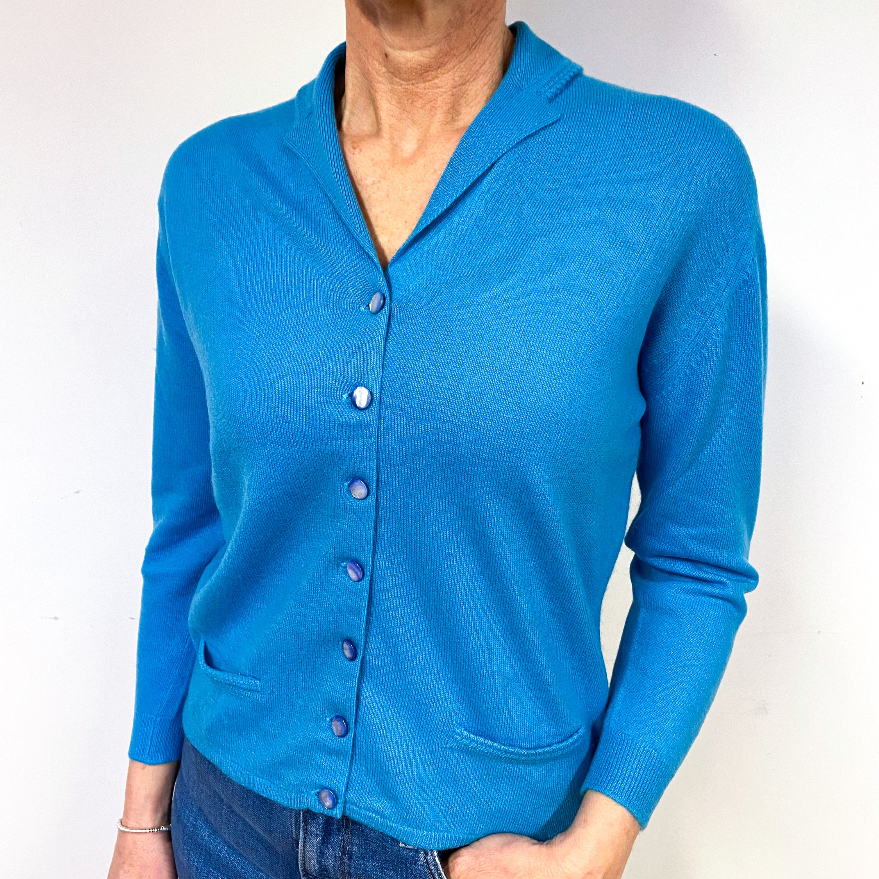 Vintage Pringle Ocean Blue Cashmere Collared Cardigan Medium