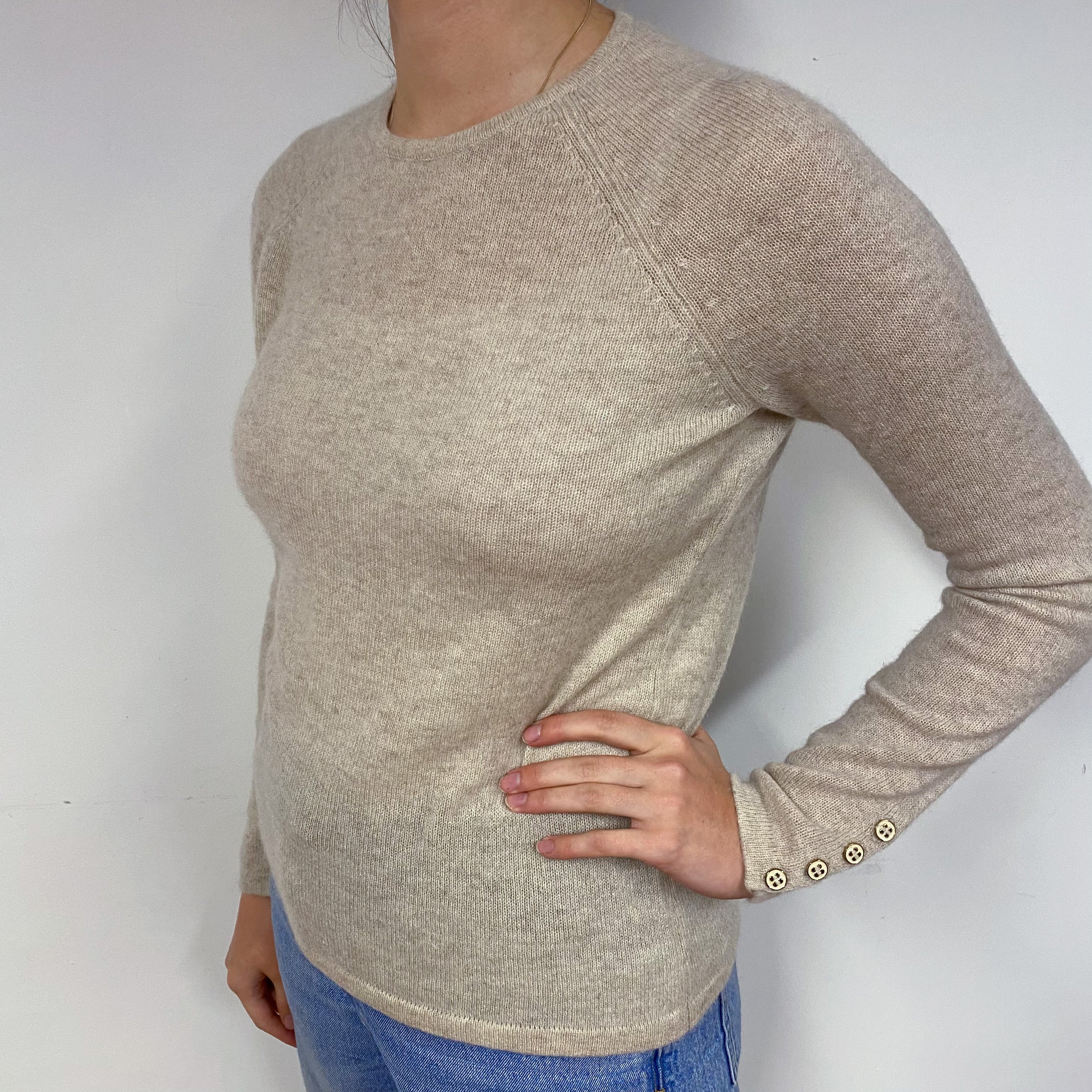 Oatmeal Beige Cashmere Crew Neck Jumper Small