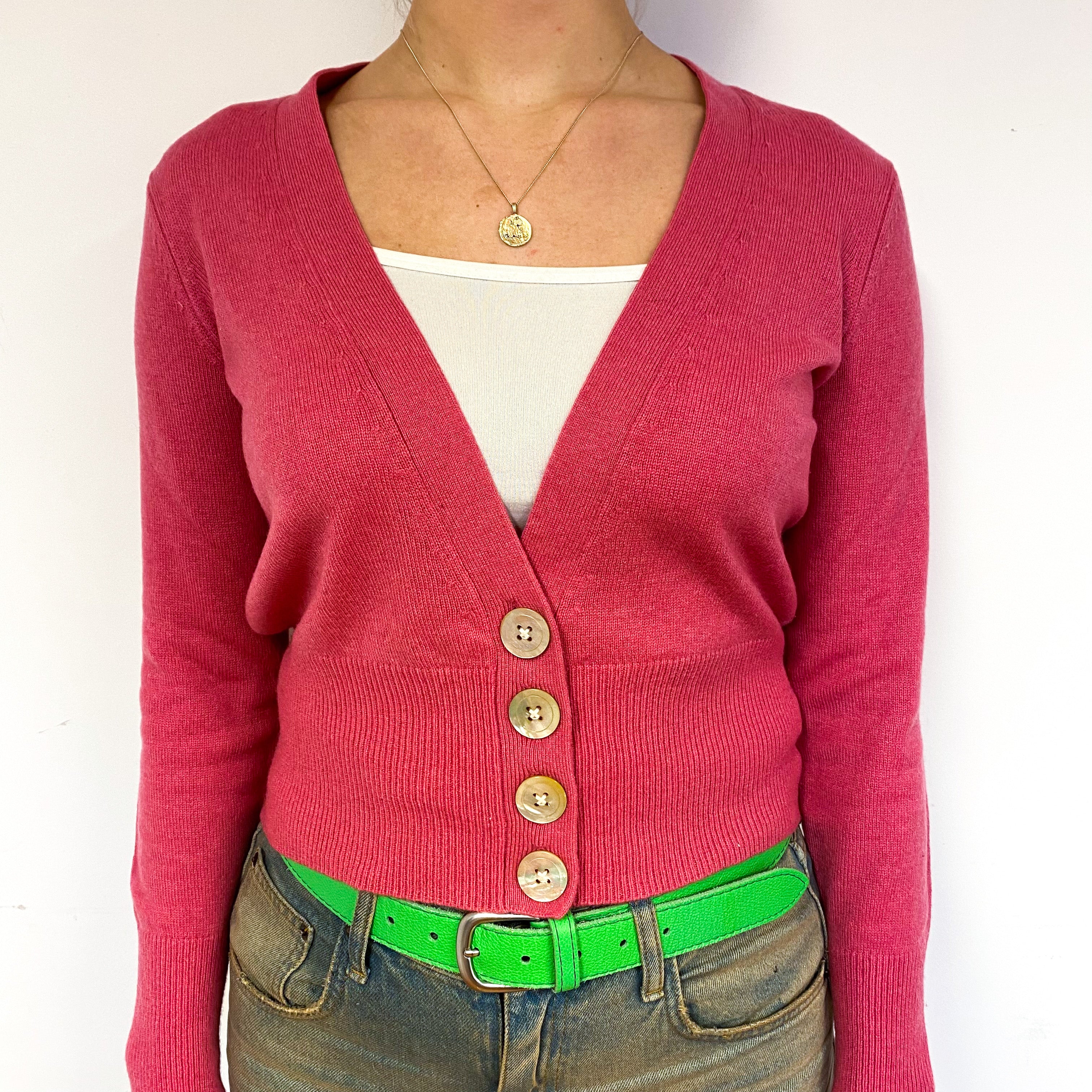 Raspberry Pink Cropped Cashmere V-Neck Cardigan Small