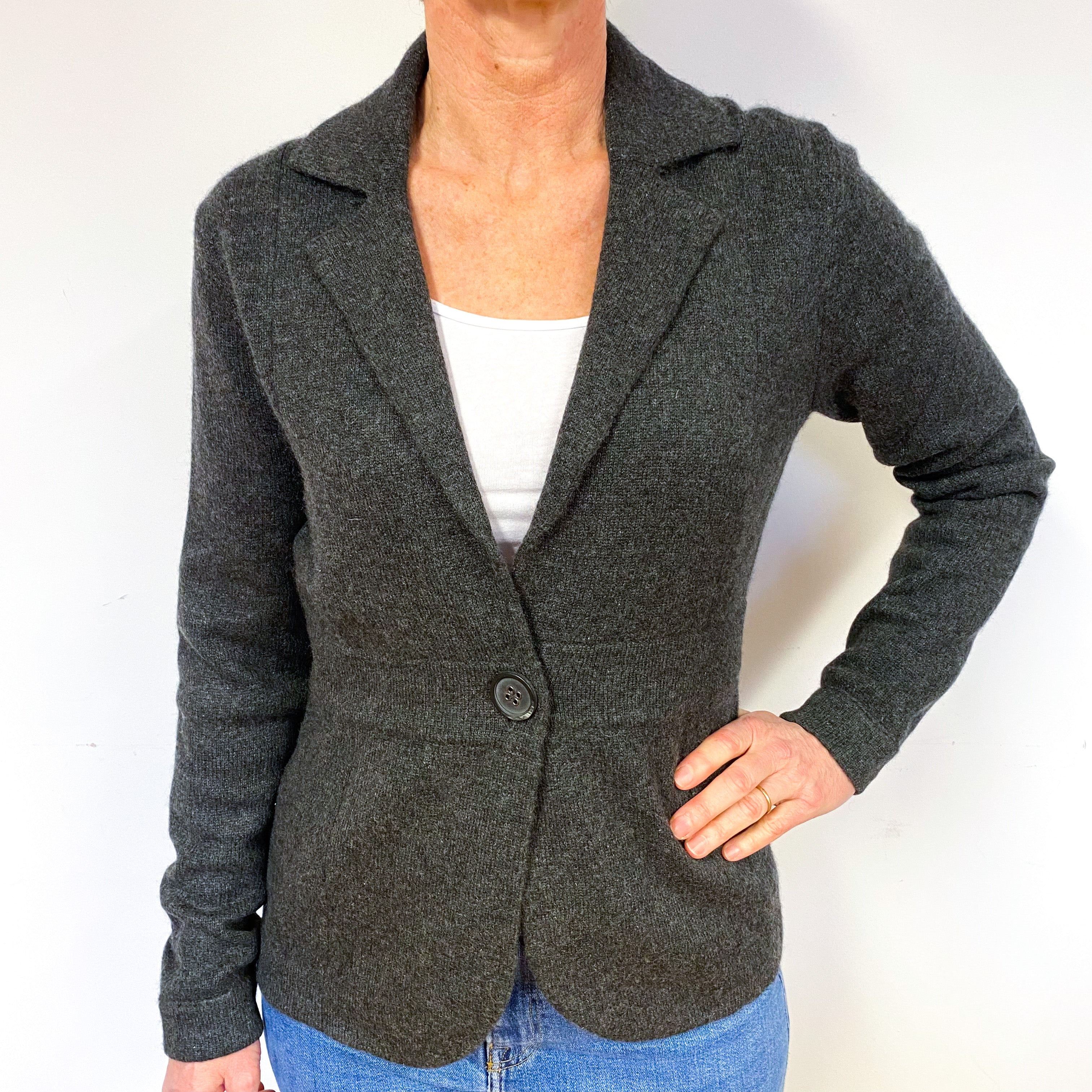 Slate Grey Cashmere V-Neck Collared Jacket Medium
