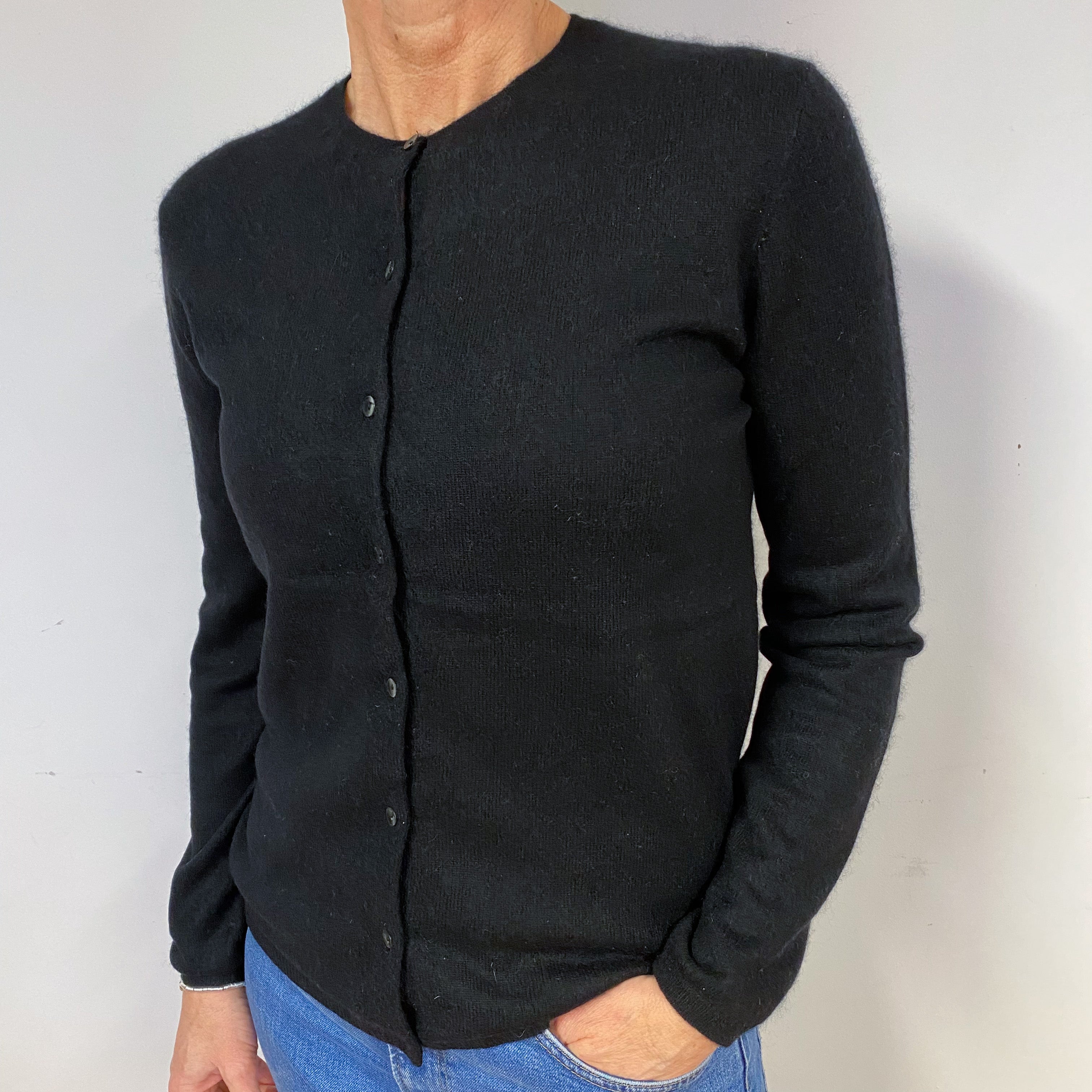 Black Cashmere Crew Neck Cardigan Medium