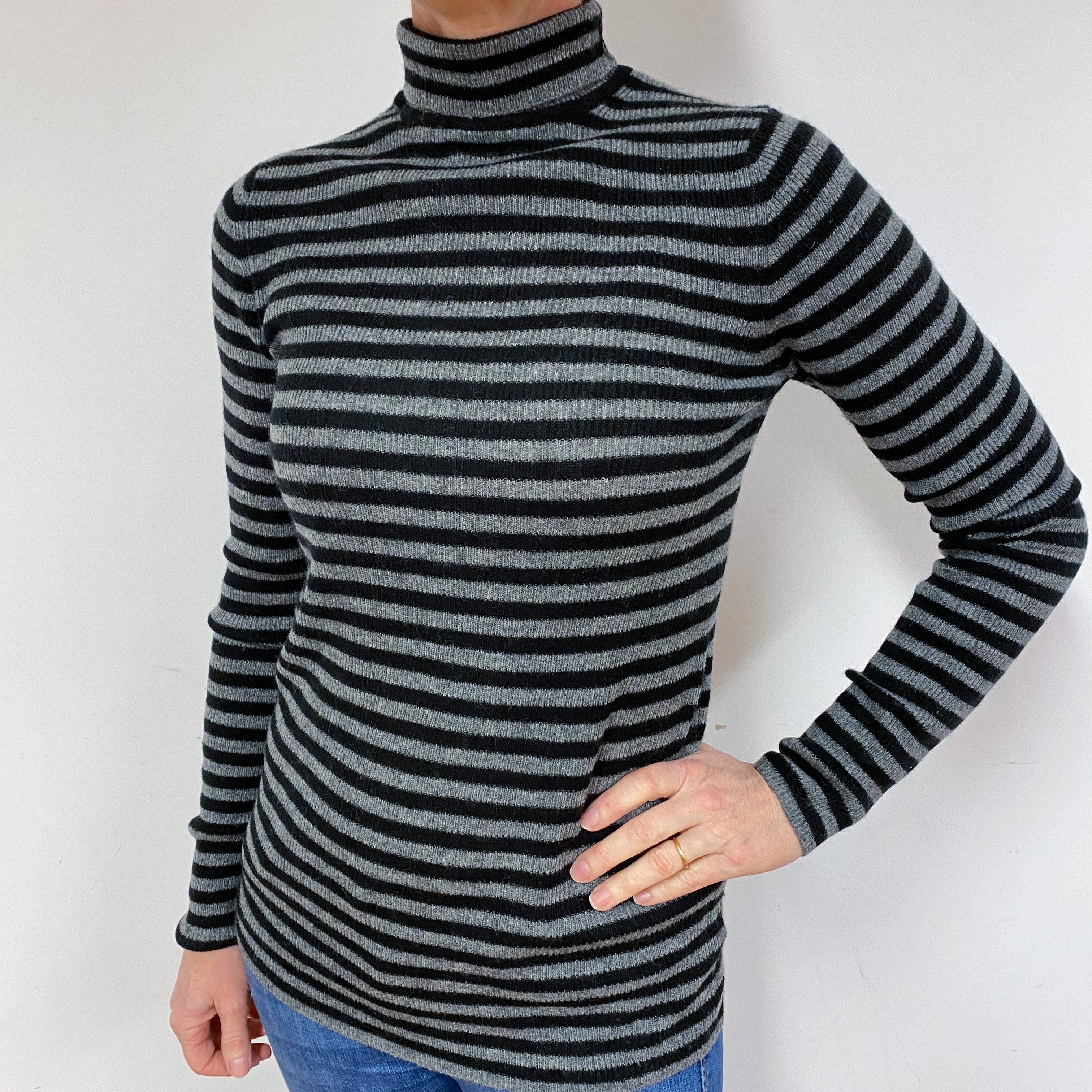 Vince Grey Black Stripe Cashmere Polo Neck Jumper Medium