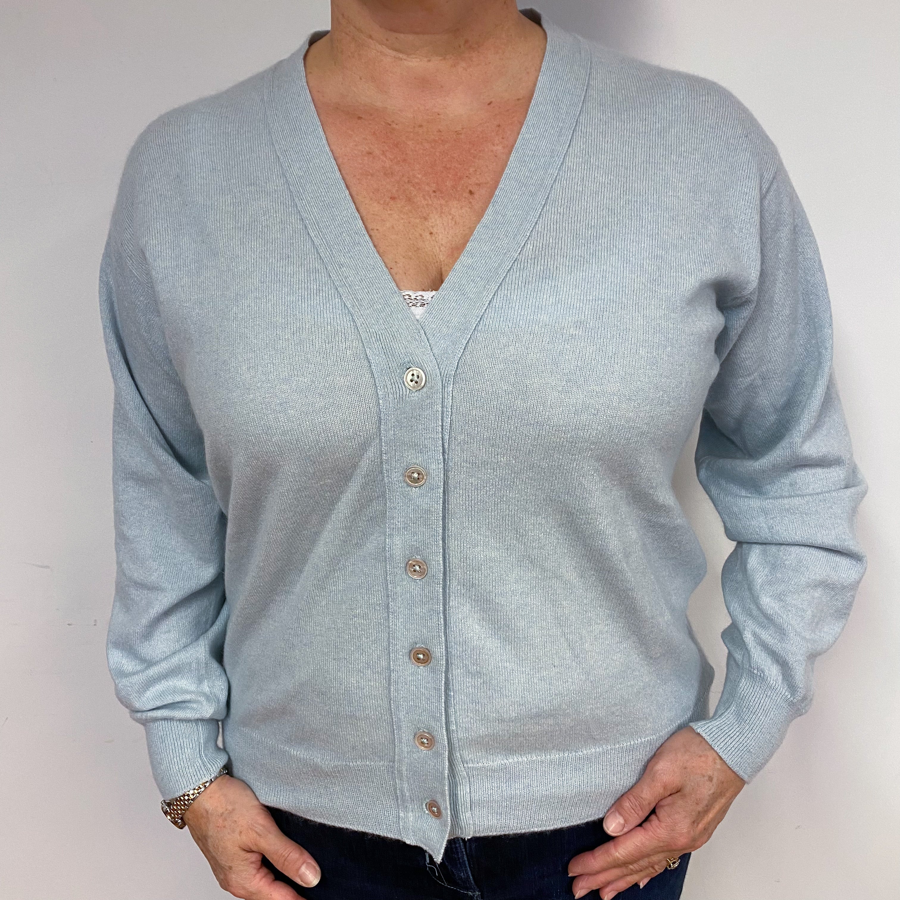 Scottish Ice Blue Cashmere V-Neck Cardigan Large
