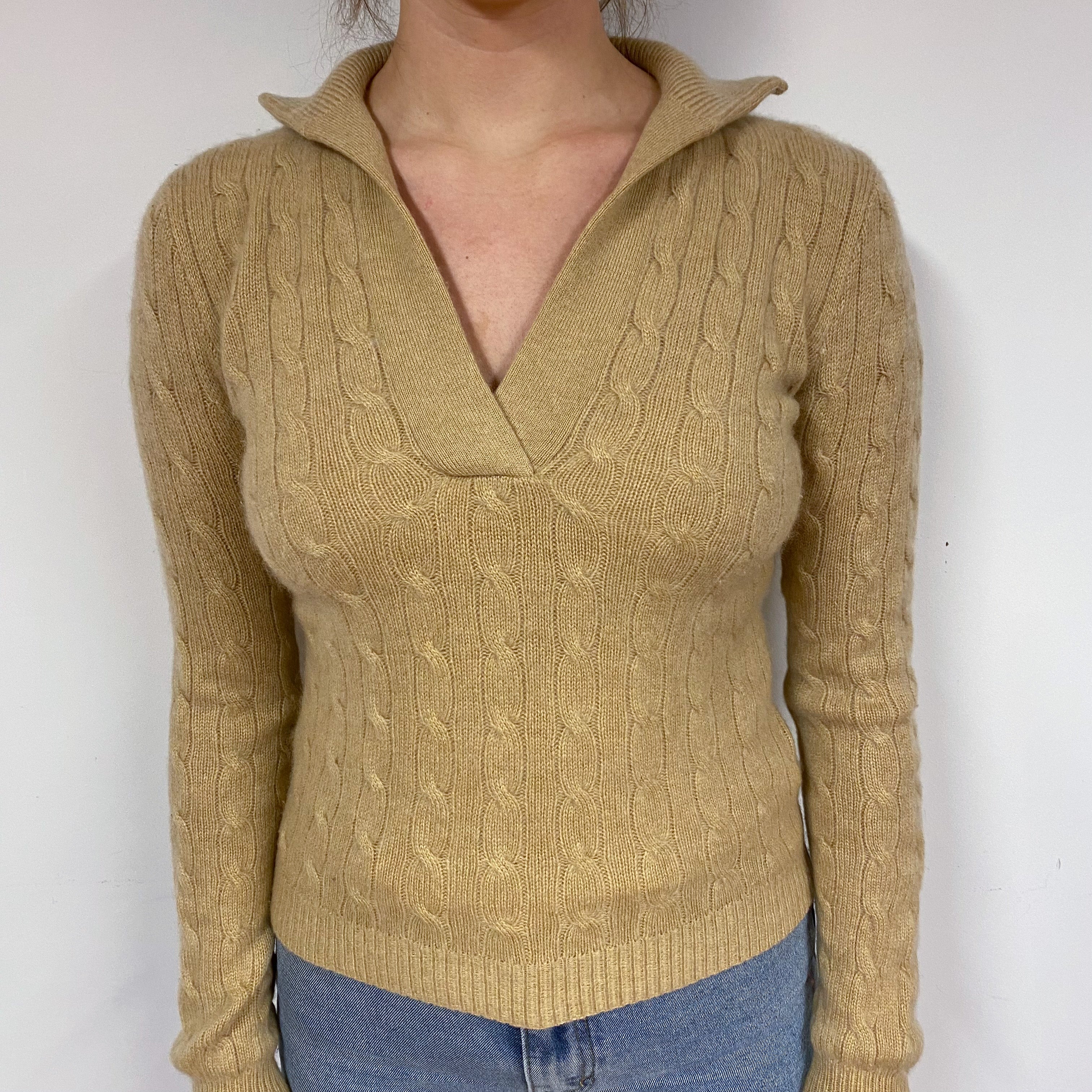 Ralph Lauren Caramel Cable Cashmere V-Neck Jumper Small