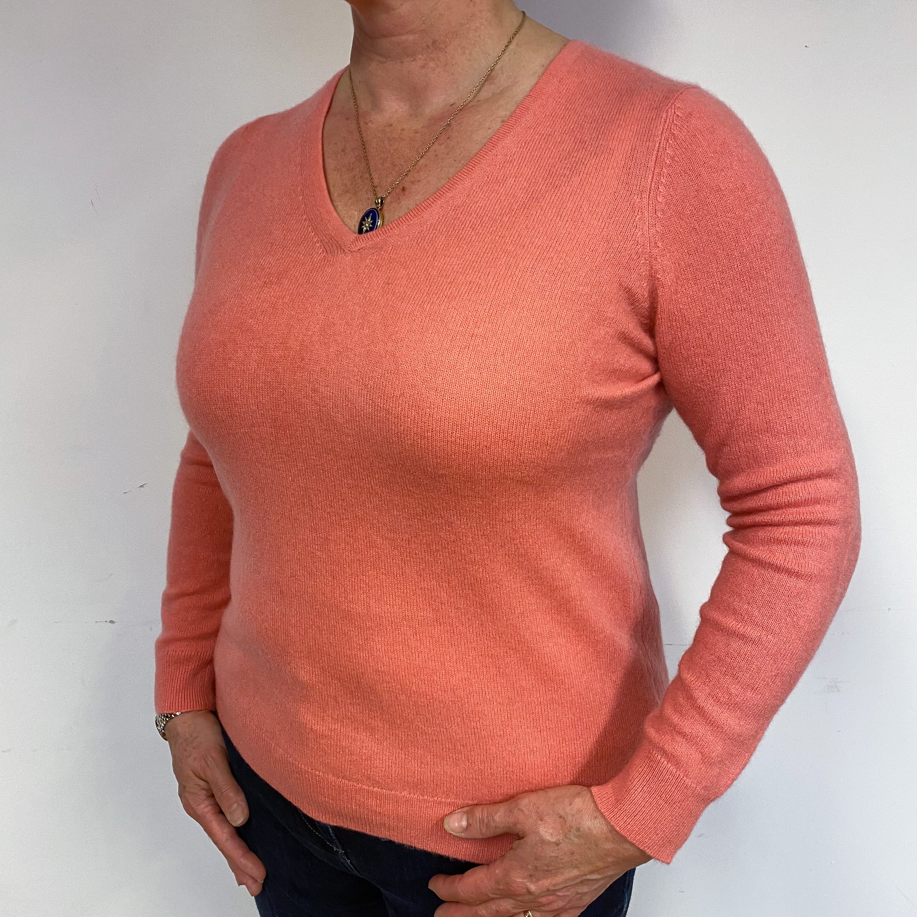 Faded Coral Pink Cashmere V-Neck Jumper Large